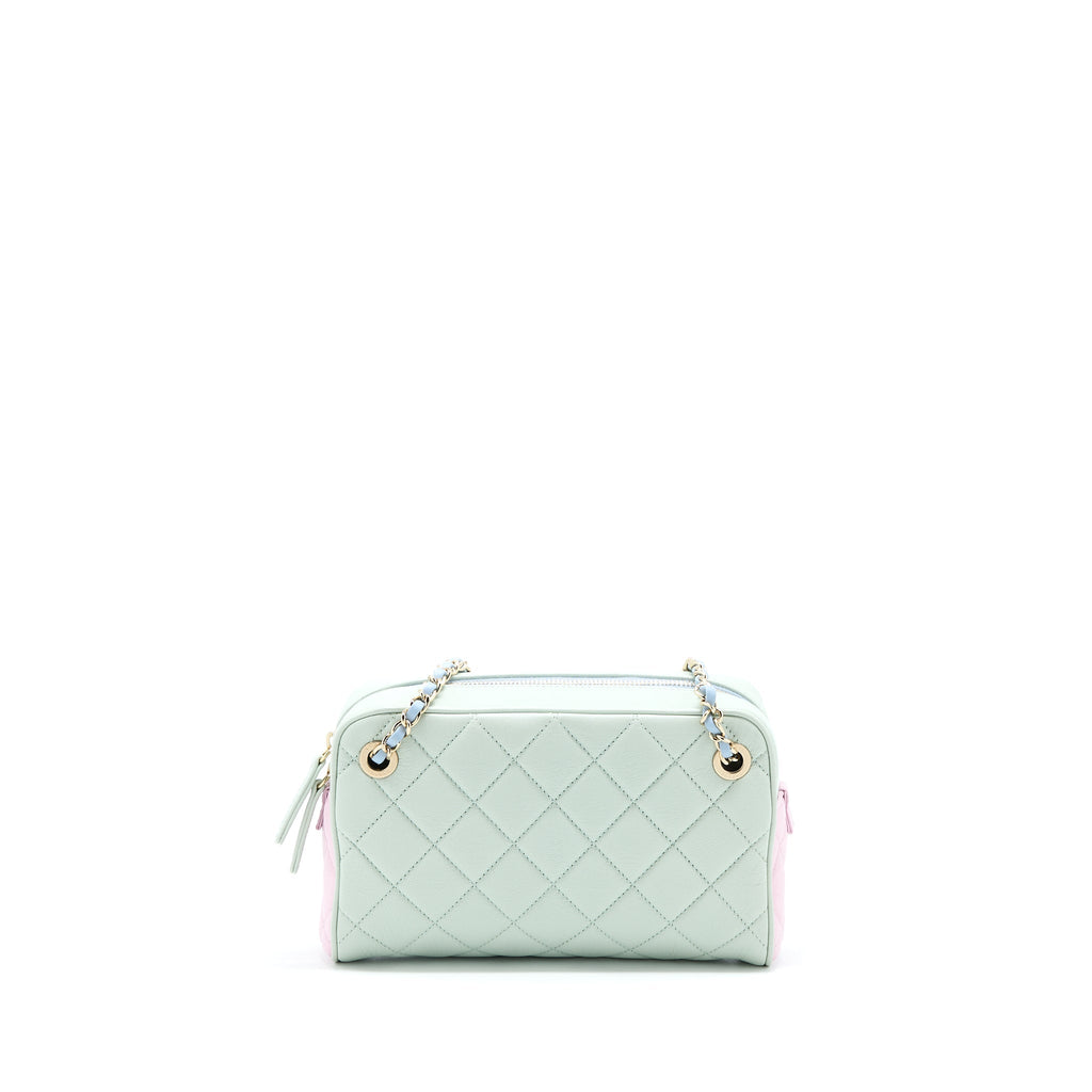 CHANEL SMALL CAMERA CASE TRICOLOUR GOATSKIN GREEN BLUE PINK LGHW