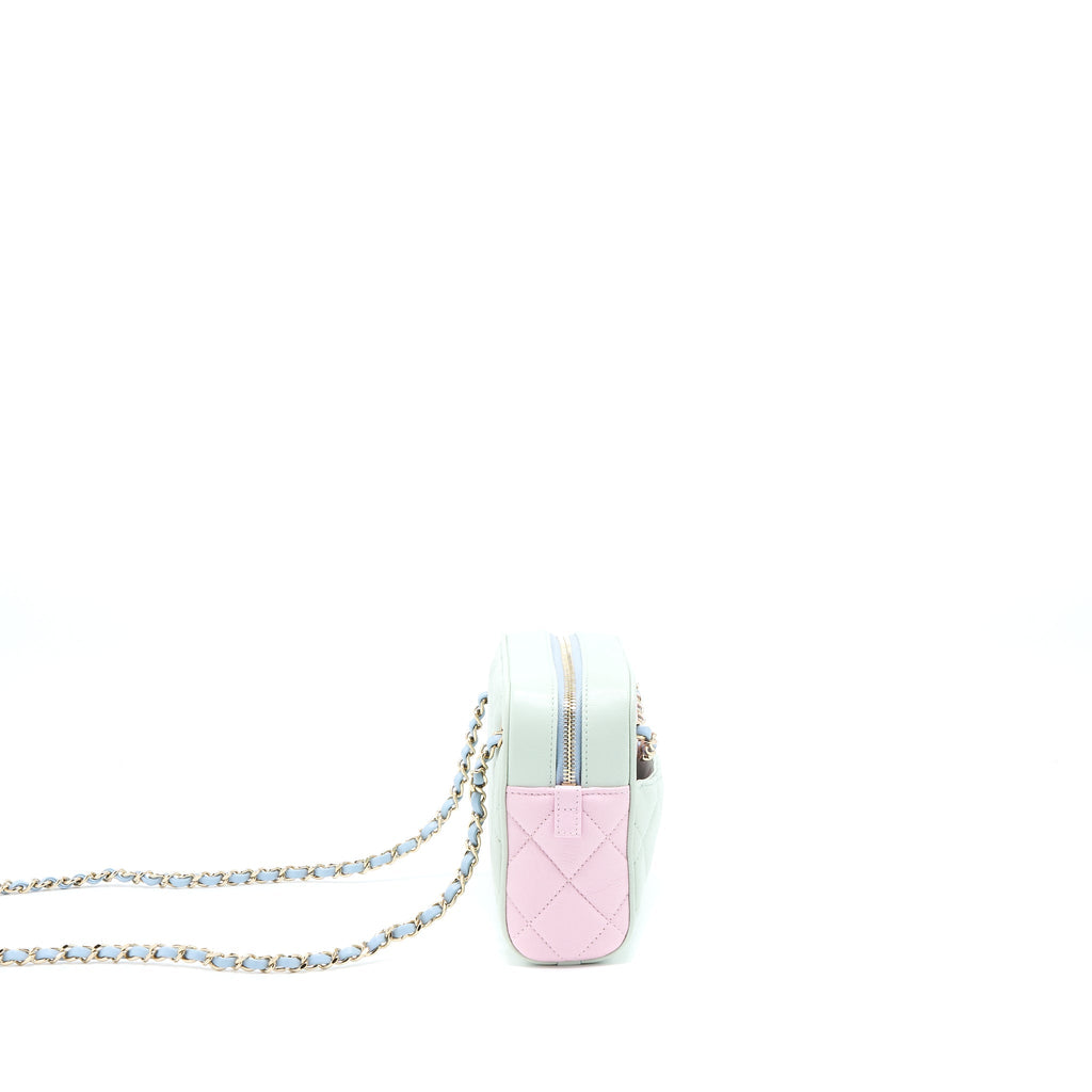 CHANEL SMALL CAMERA CASE TRICOLOUR GOATSKIN GREEN BLUE PINK LGHW