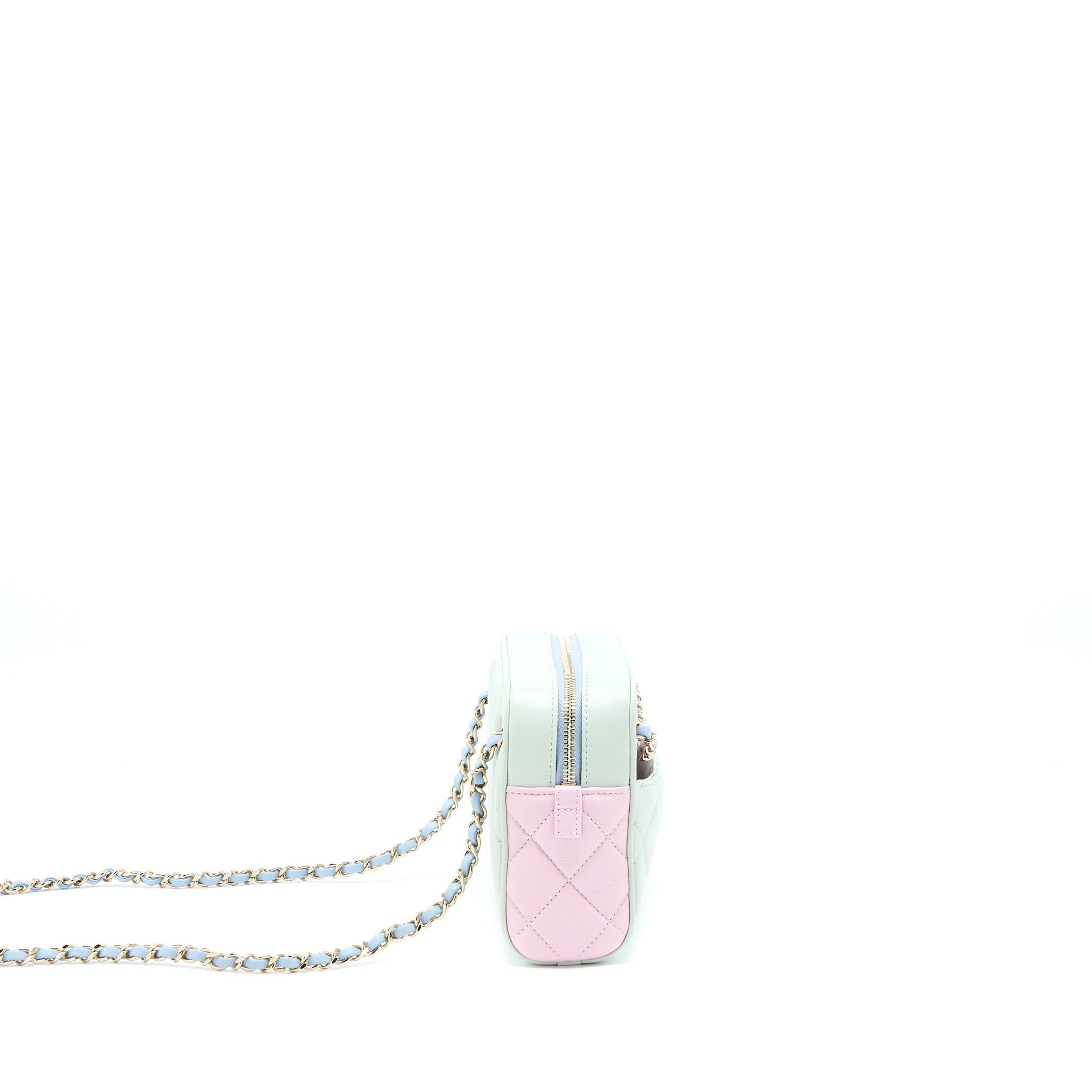 CHANEL SMALL CAMERA CASE TRICOLOUR GOATSKIN GREEN BLUE PINK LGHW
