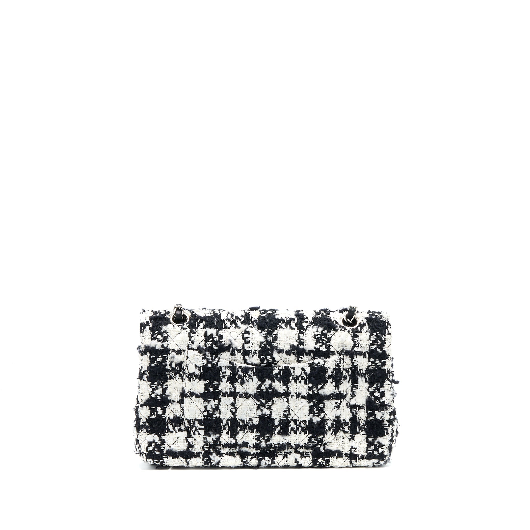 CHANEL VINTAGE MEDIUM CLASSIC FLAP BAG TWEED BLACK AND WHITE SHW