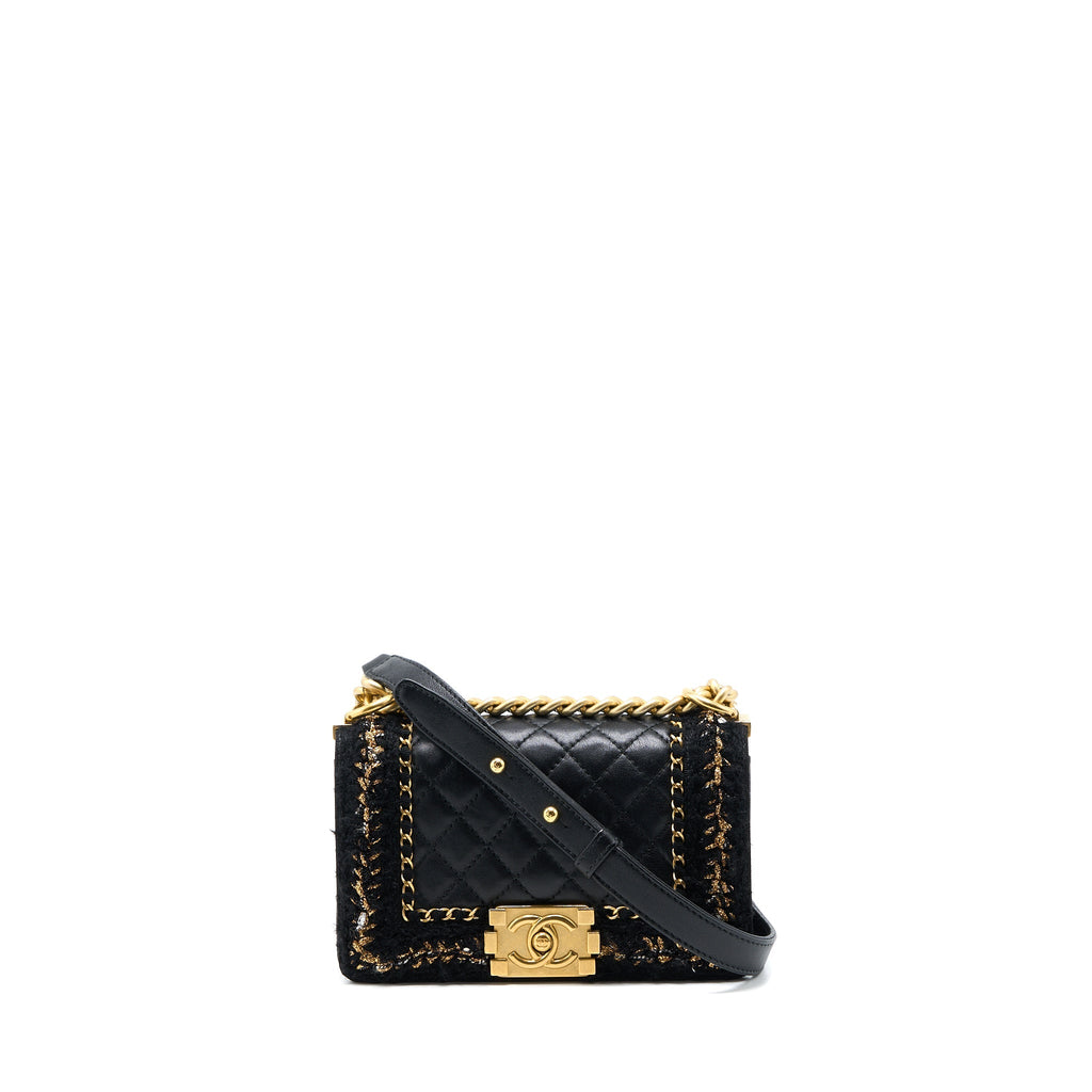 CHANEL SMALL JACKET BOY BAG LAMBSKIN/TWEED BLACK GHW
