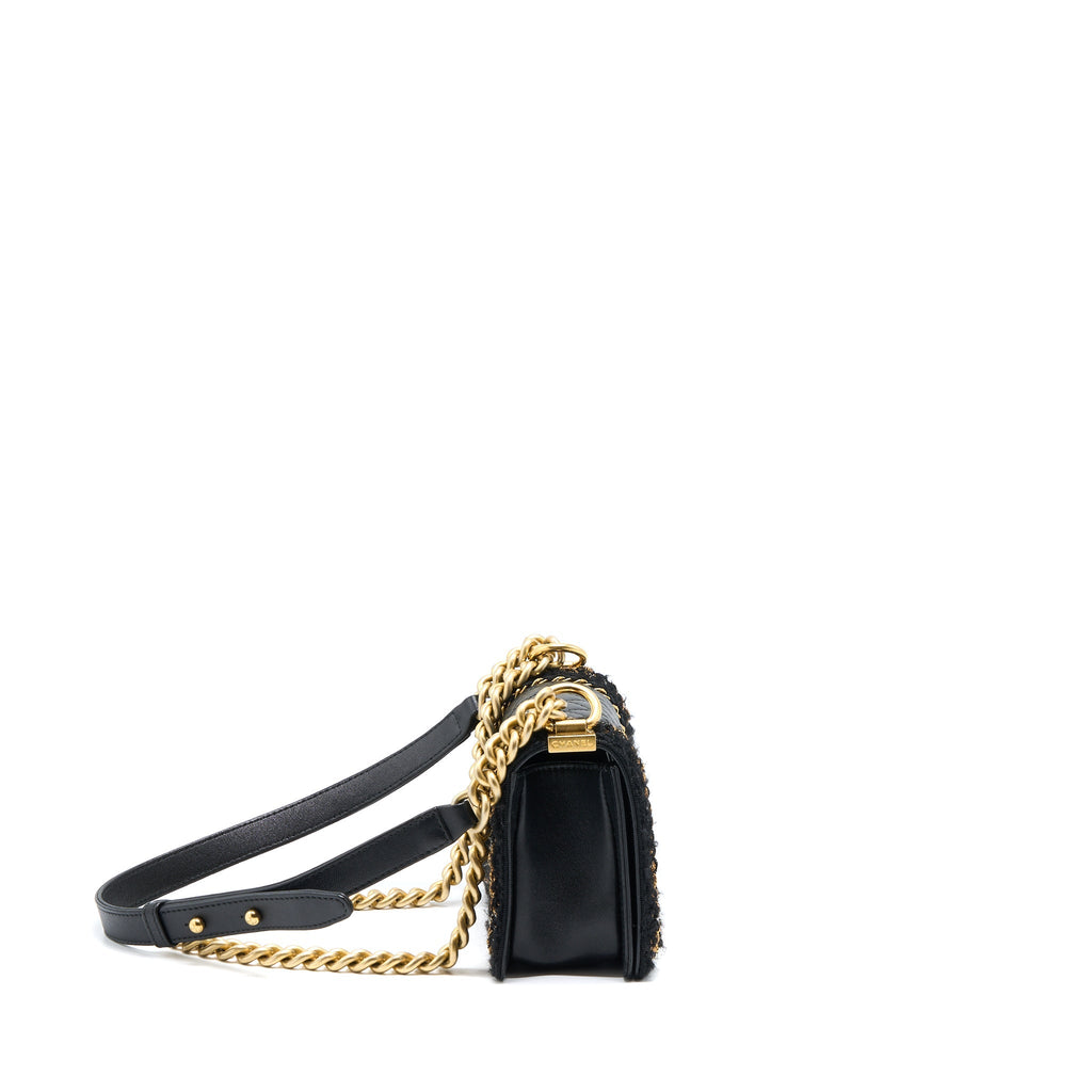 CHANEL SMALL JACKET BOY BAG LAMBSKIN/TWEED BLACK GHW