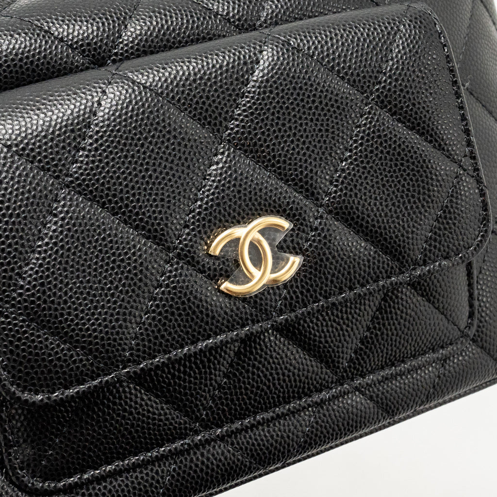 CHANEL FOLD FLAP VANITY CLUTCH WITH CHAIN CAVIAR BLACK GHW (MICROCHIP)