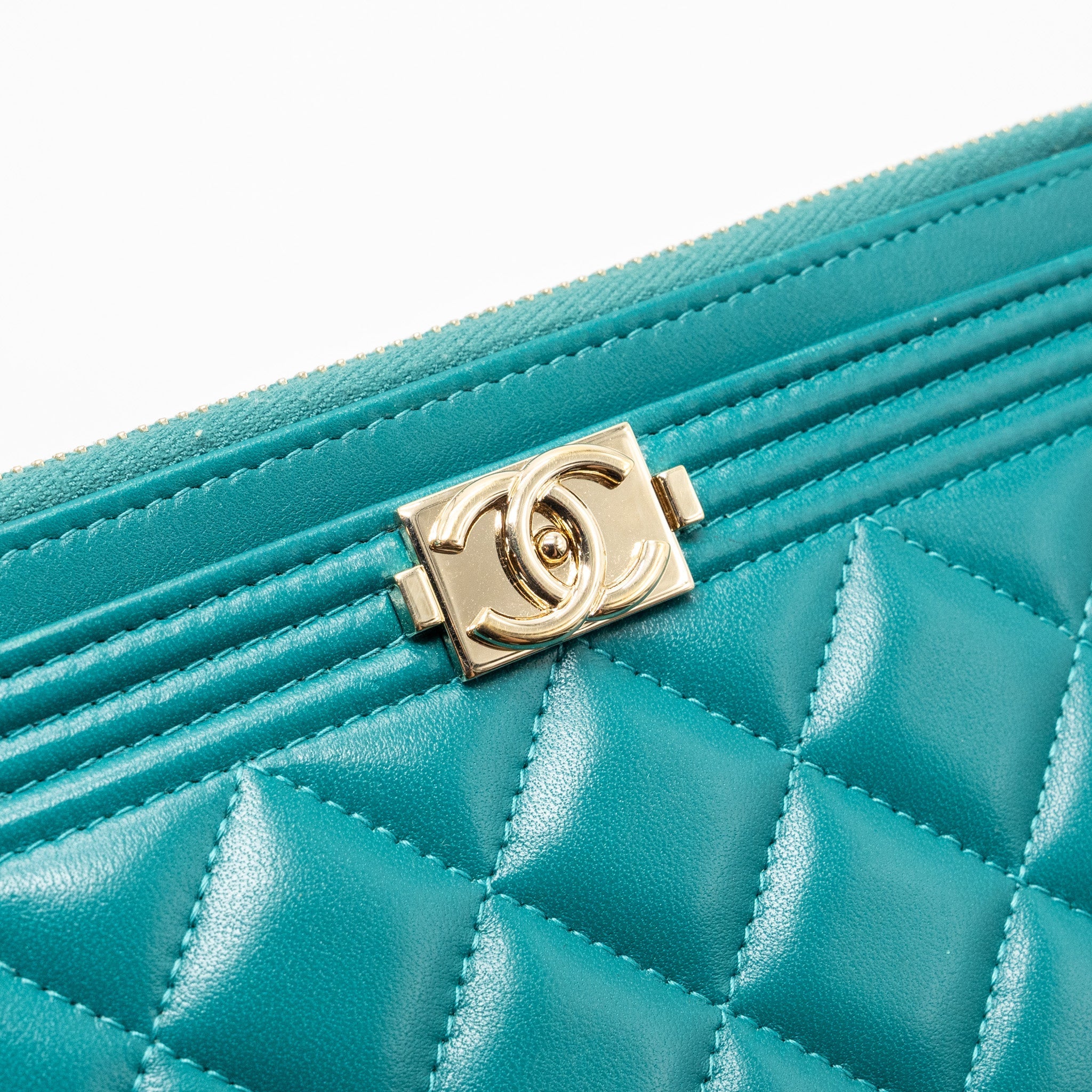 CHANEL BOY ZIP POUCH LAMBSKIN GREEN LGHW