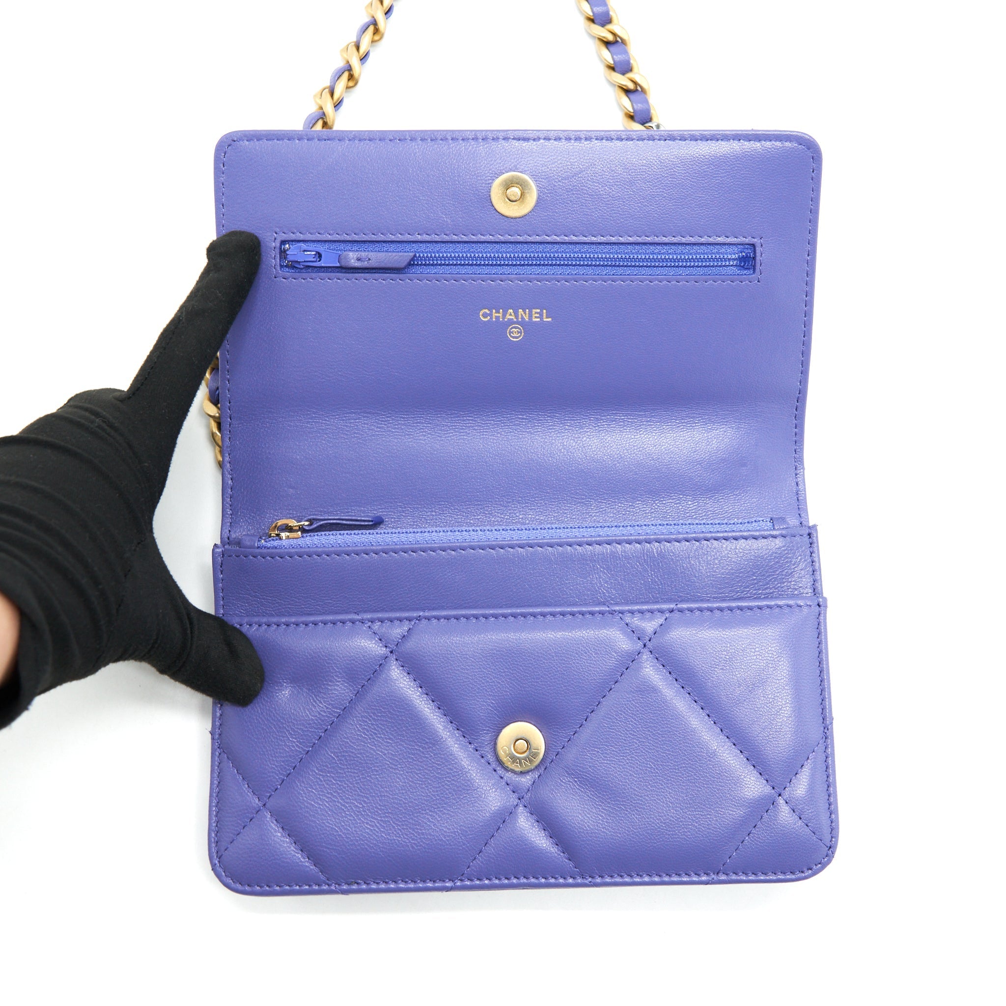 CHANEL 19 WALLET ON CHAIN LAMBSKIN PURPLE WITH GOLD/SILVER HARDWARE