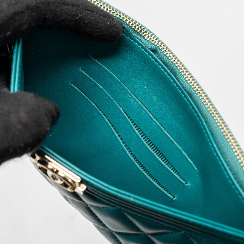 CHANEL BOY ZIP POUCH LAMBSKIN GREEN LGHW