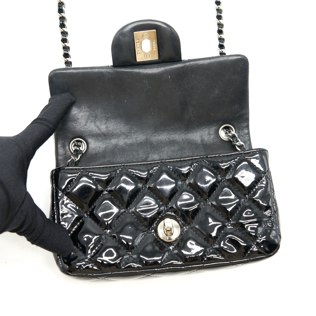 CHANEL SUPER MINI RECTANGULAR FLAP BAG PATENT BLACK SHW