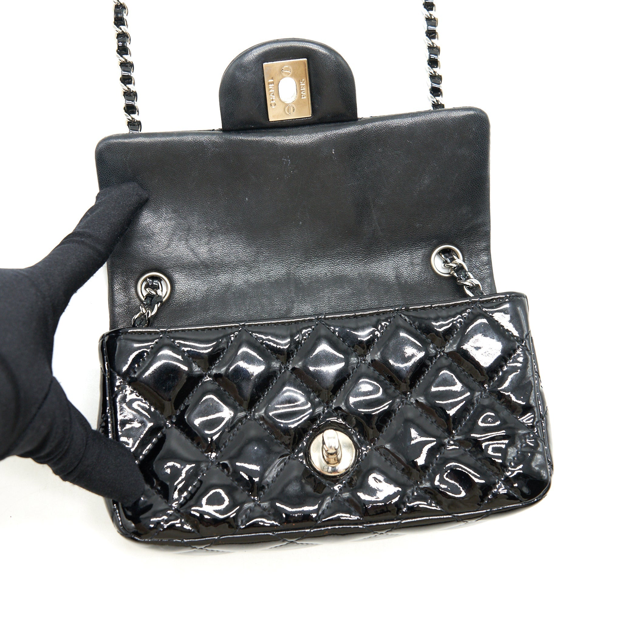 CHANEL SUPER MINI RECTANGULAR FLAP BAG PATENT BLACK SHW