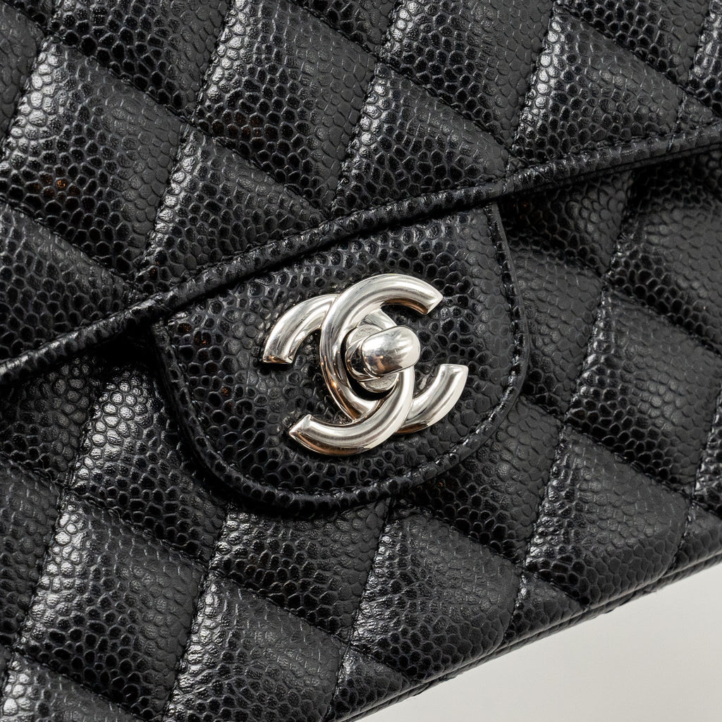 CHANEL SMALL CLASSIC DOUBLE FLAP BAG CAVIAR BLACK SHW (MICROCHIP)
