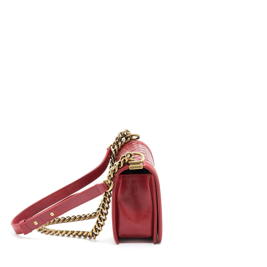 CHANEL MEDIUM BOY BAG AGED CALFSKIN RED WITH RUTHENIUM GHW