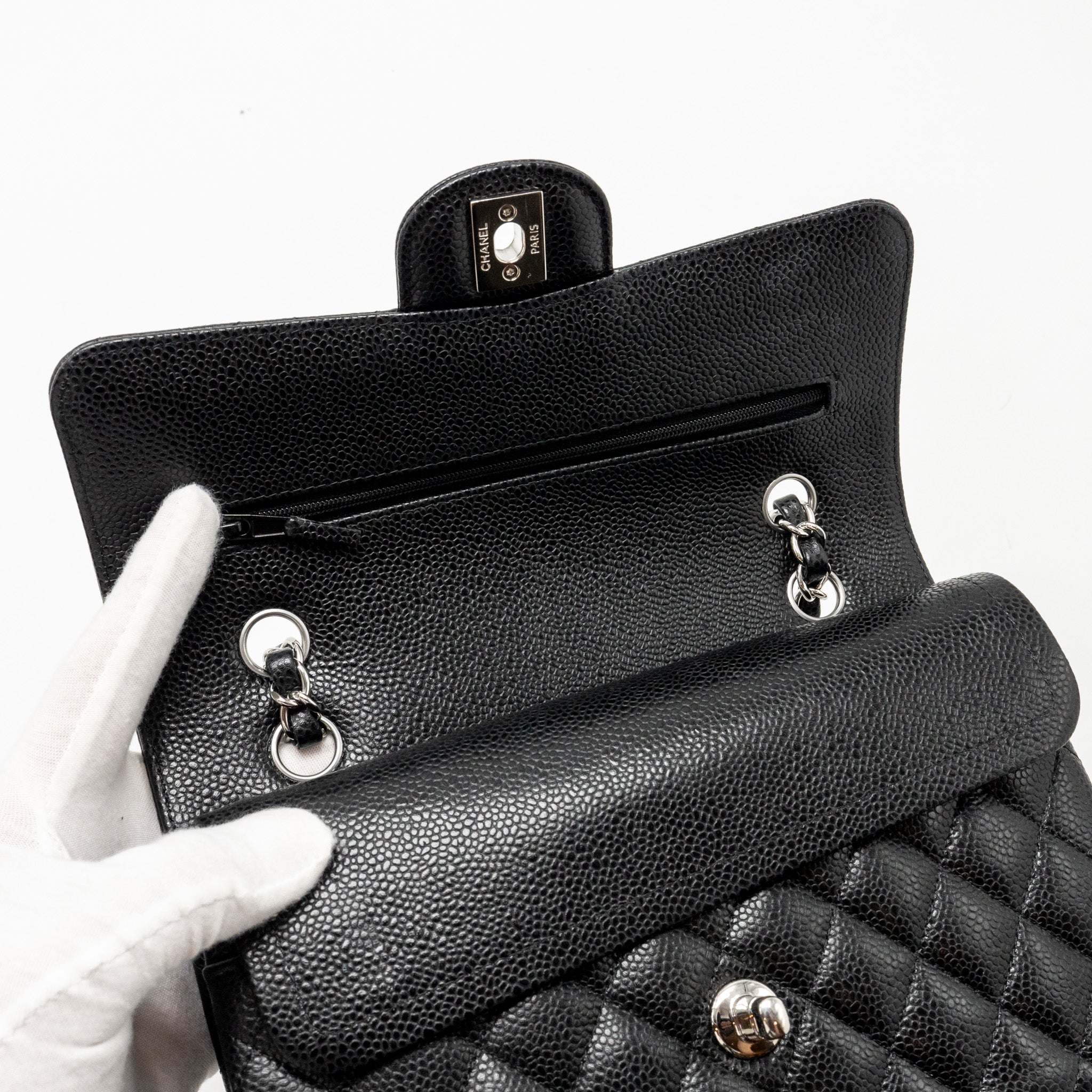 CHANEL SMALL CLASSIC DOUBLE FLAP BAG CAVIAR BLACK SHW (MICROCHIP)