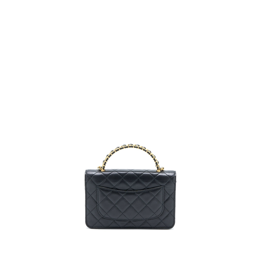 CHANEL DETAILED TOP HANDLE WALLET ON CHAIN LAMBSKIN BLACK BRUSHED GHW (MICROCHIP)