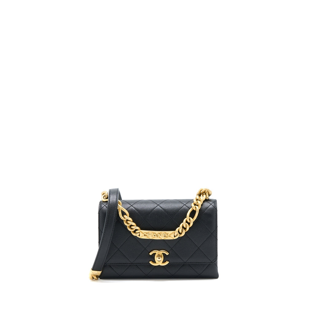 CHANEL DETAIL CHAIN FLAP BAG GRAINED CALFSKIN BLACK GHW (MICROCHIP)