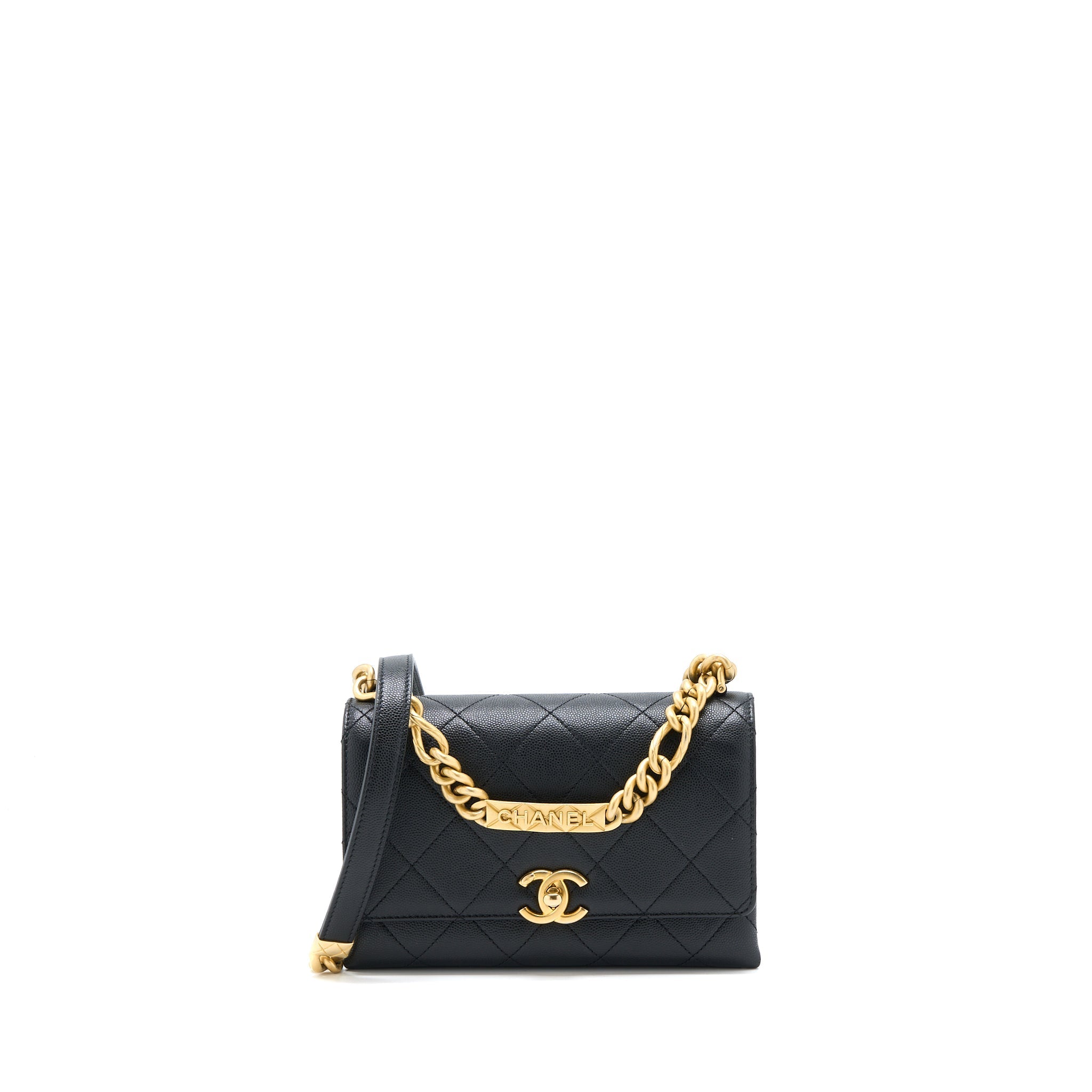 CHANEL DETAIL CHAIN FLAP BAG GRAINED CALFSKIN BLACK GHW (MICROCHIP)