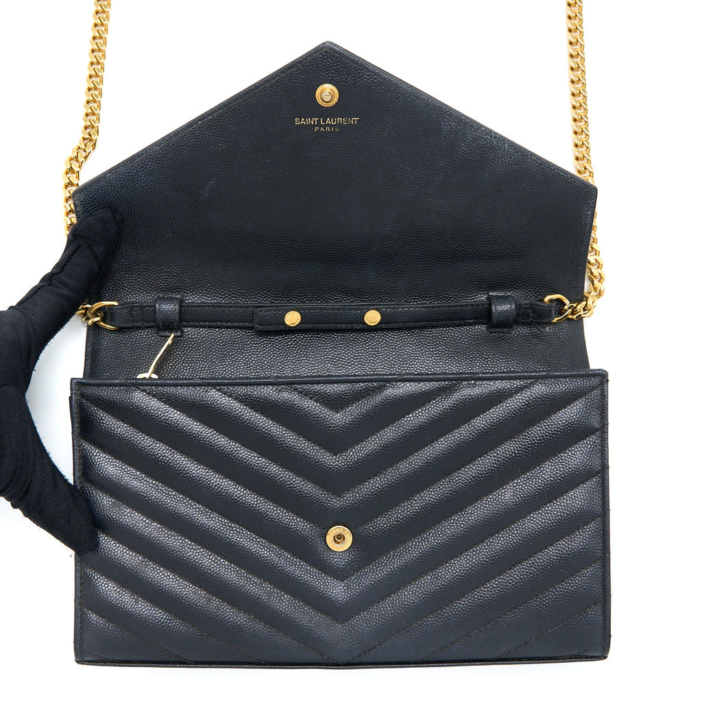 SAINT LAURENT/YSL CASSANDRA MATELASSE ENVELOPE CHAIN WALLET GRAINED CALFSKIN BLACK GHW