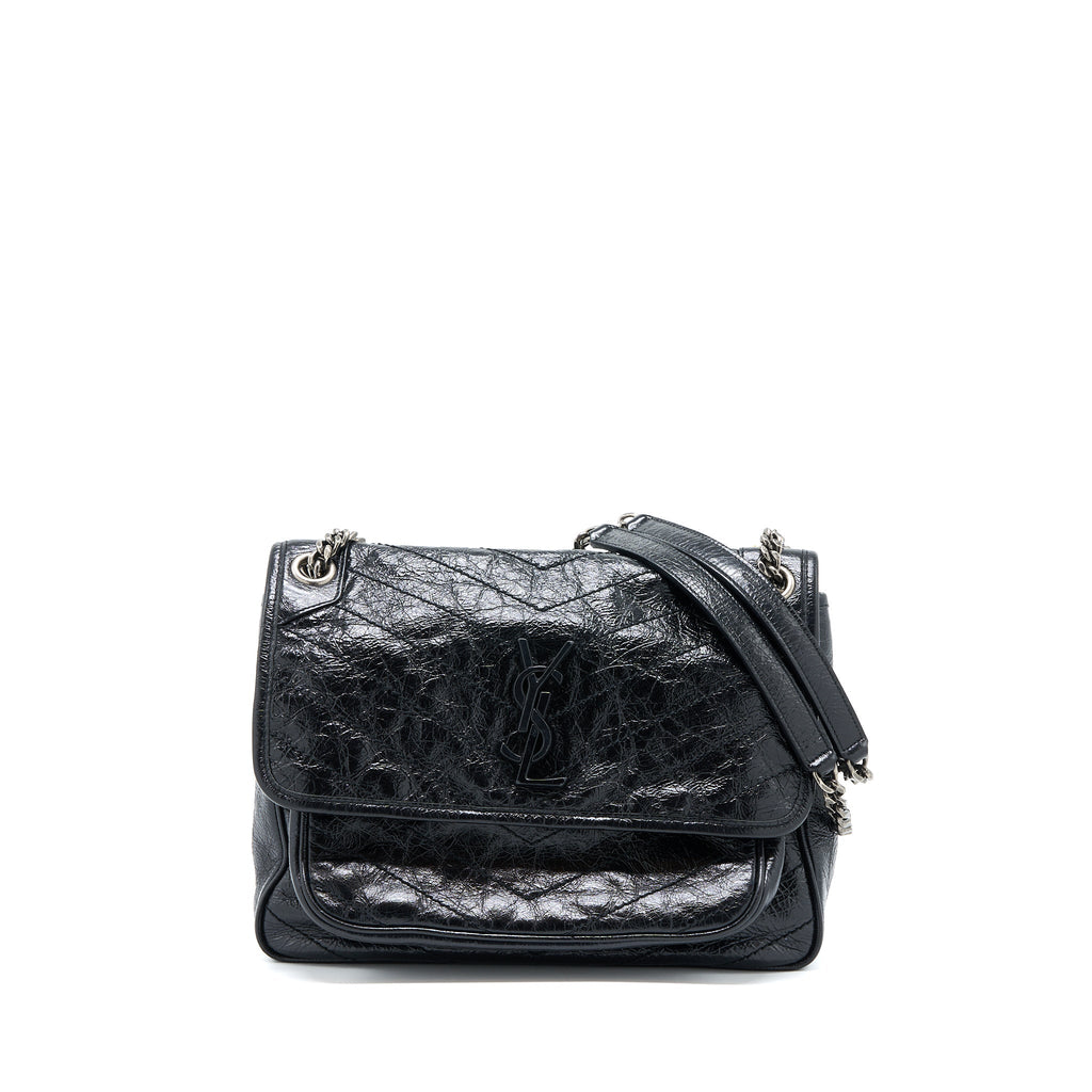 SAINT LAURENT NIKI AGED CALFSKIN BLACK WITH BLACK AND RUTHENIUM HARDWARE