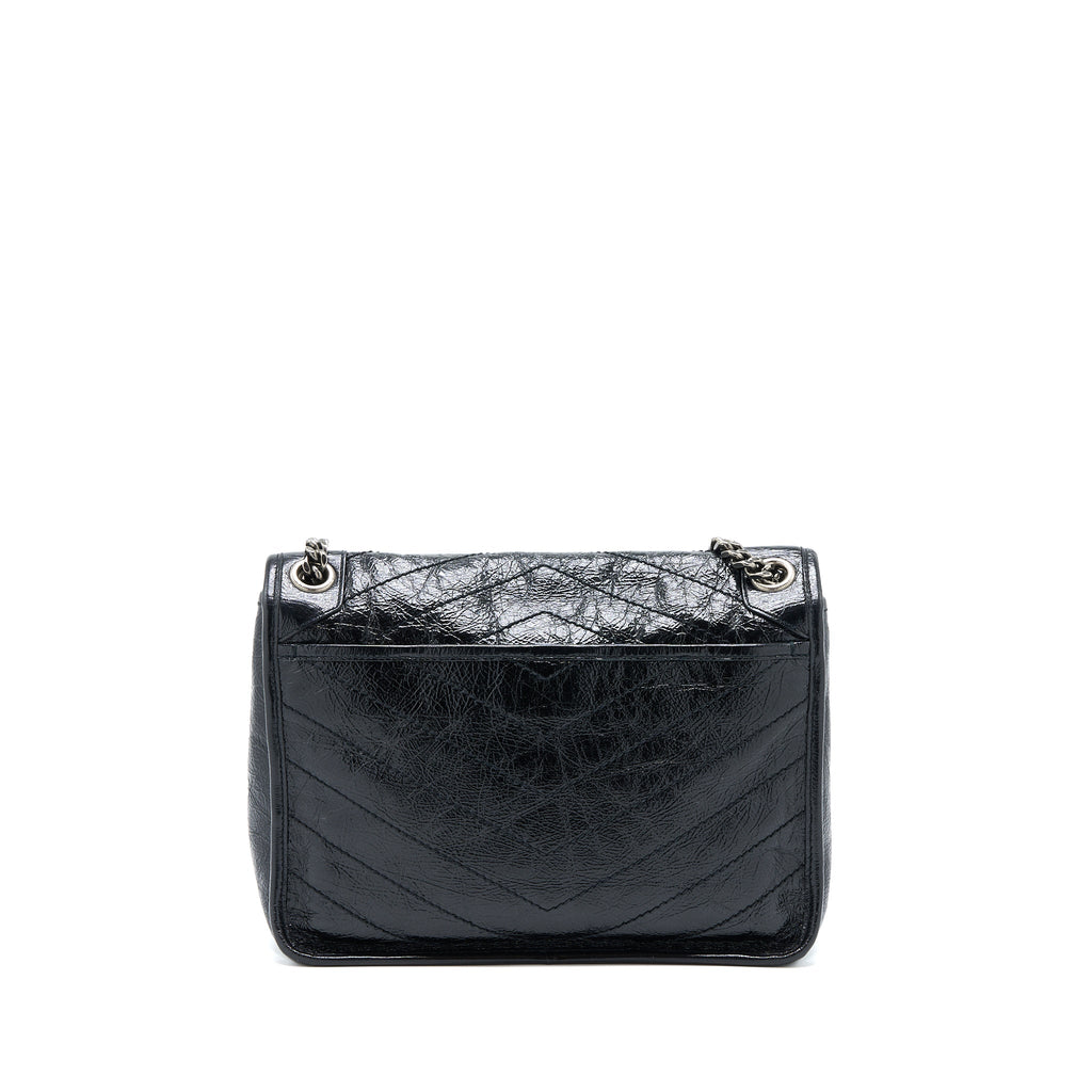 SAINT LAURENT NIKI AGED CALFSKIN BLACK WITH BLACK AND RUTHENIUM HARDWARE
