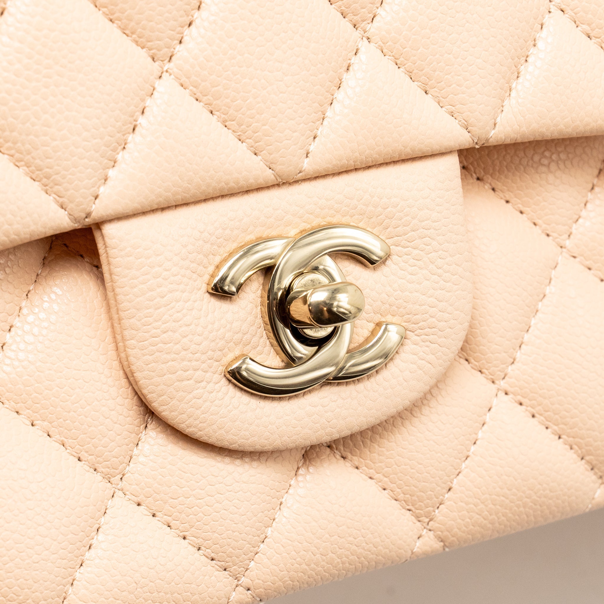 CHANEL MEDIUM CLASSIC DOUBLE FLAP BAG CAVIAR LIGHT BEIGE LGHW (MICROCHIP)