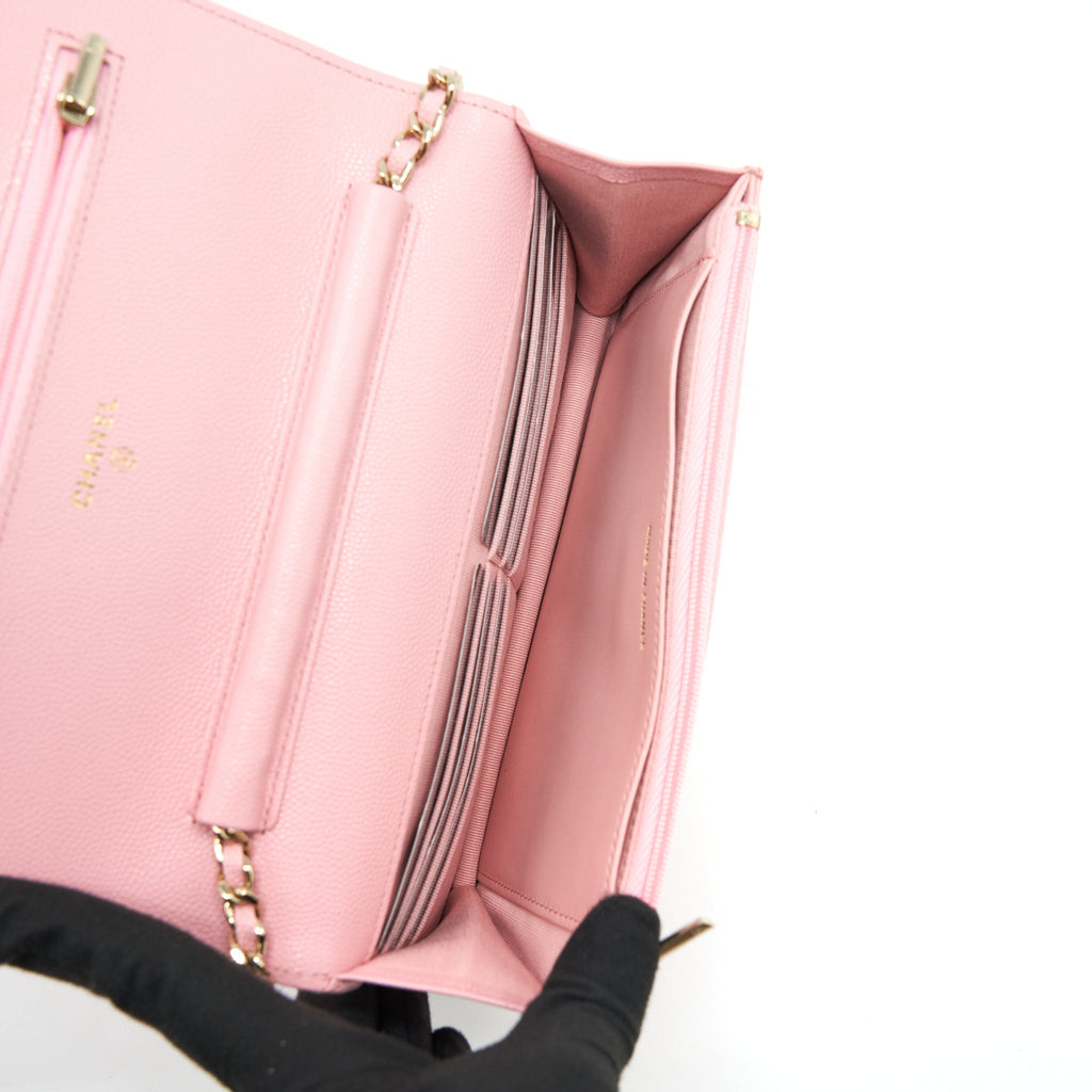 CHANEL 22C CLASSIC WALLET ON CHAIN CAVIAR PINK LGHW (MICROCHIP)
