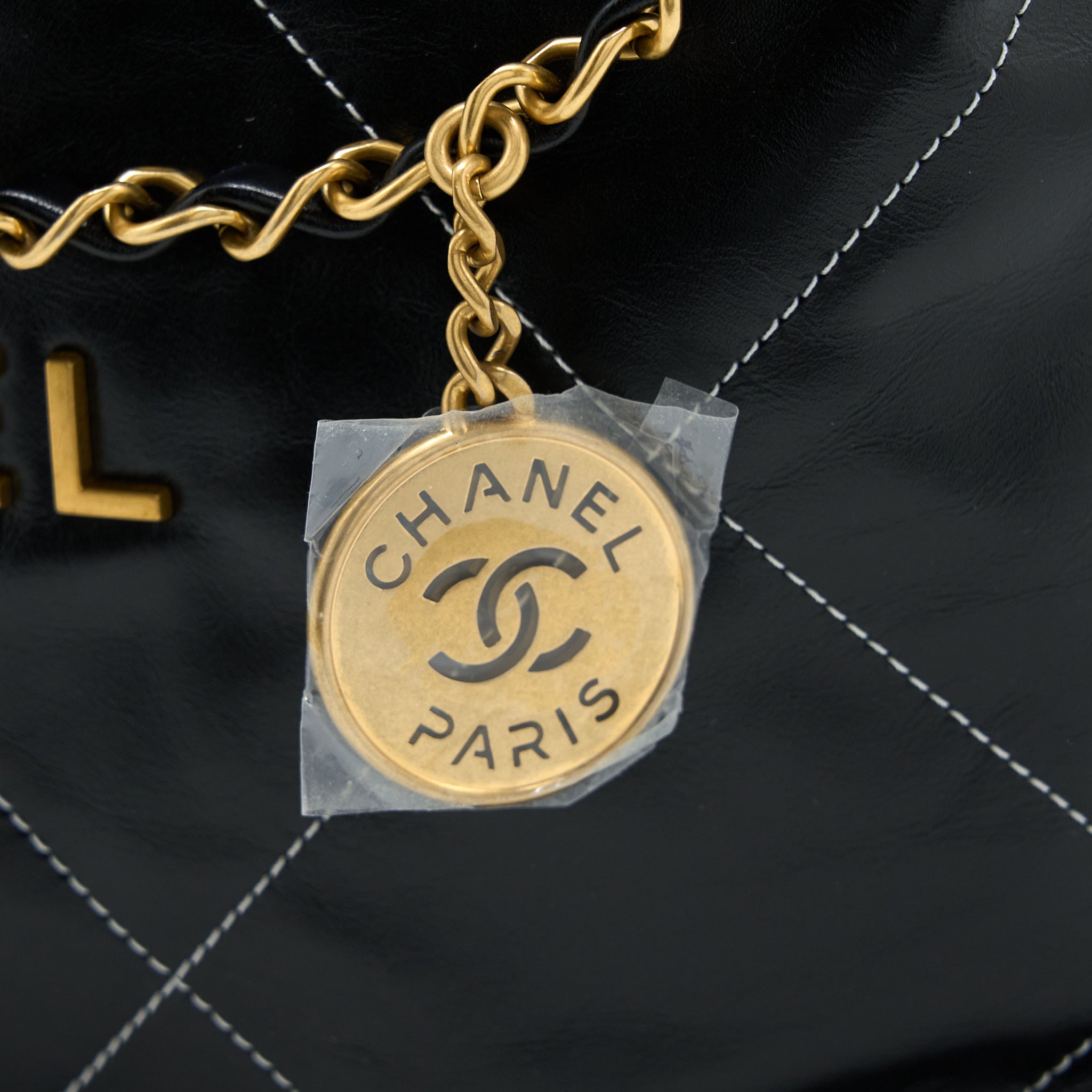 CHANEL SMALL 22 BAG GOLD LETTER SHINY CALFSKIN BLACK GHW (MICROCHIP)