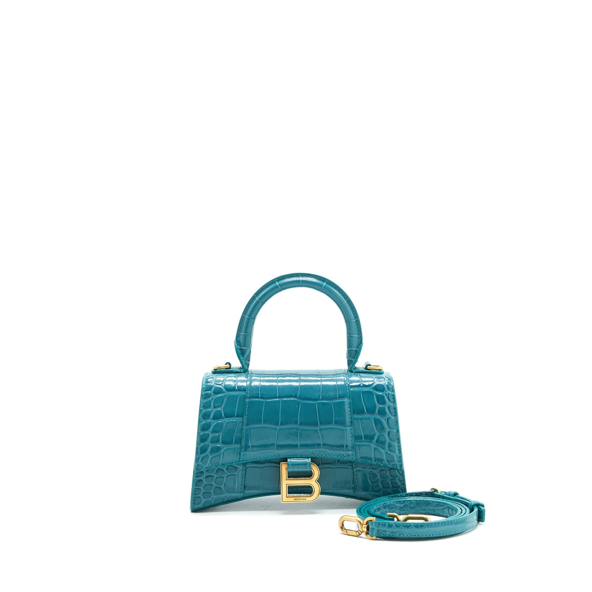 BALENCIAGA HOURGLASS XS CROC-EFFECT LEATHER BLUE