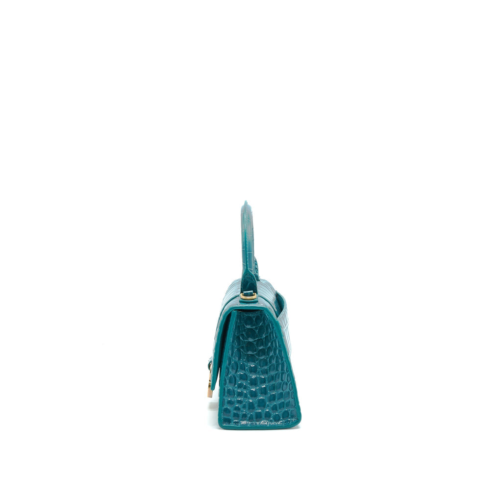 BALENCIAGA HOURGLASS XS CROC-EFFECT LEATHER BLUE