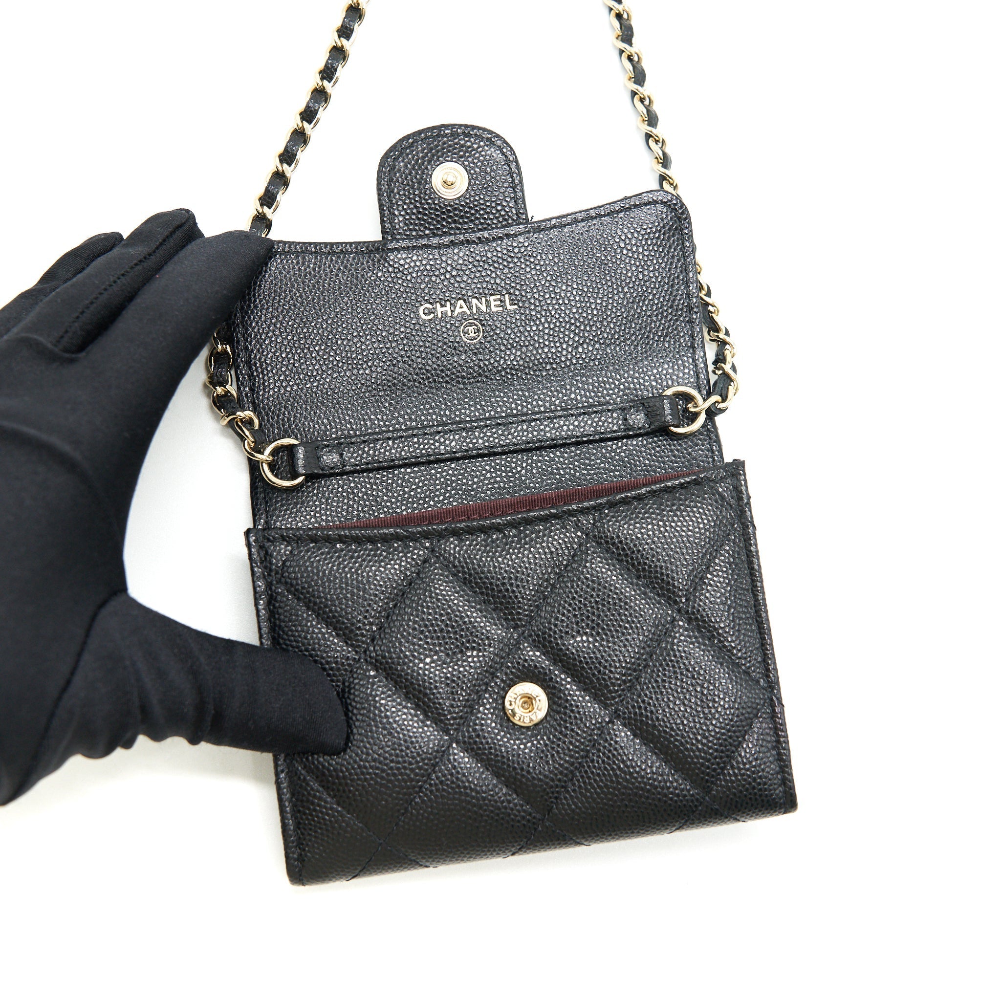 CHANEL CLASSIC CARD HOLDER WITH CHAIN BLACK LGHW SERIAL 30
