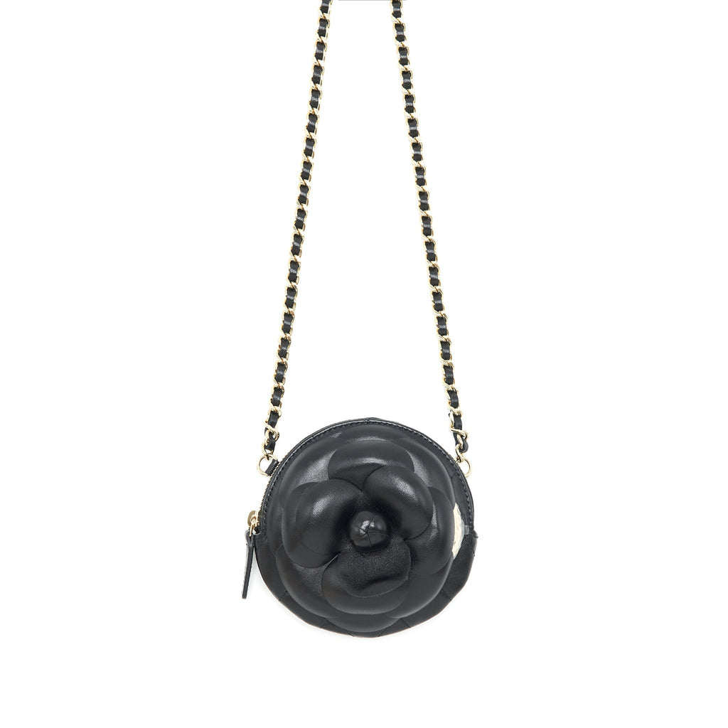 CHANEL MINI ROUND CAMELLIA ZIPPY WALLET WITH CHAIN LAMBSKIN BLACK GHW