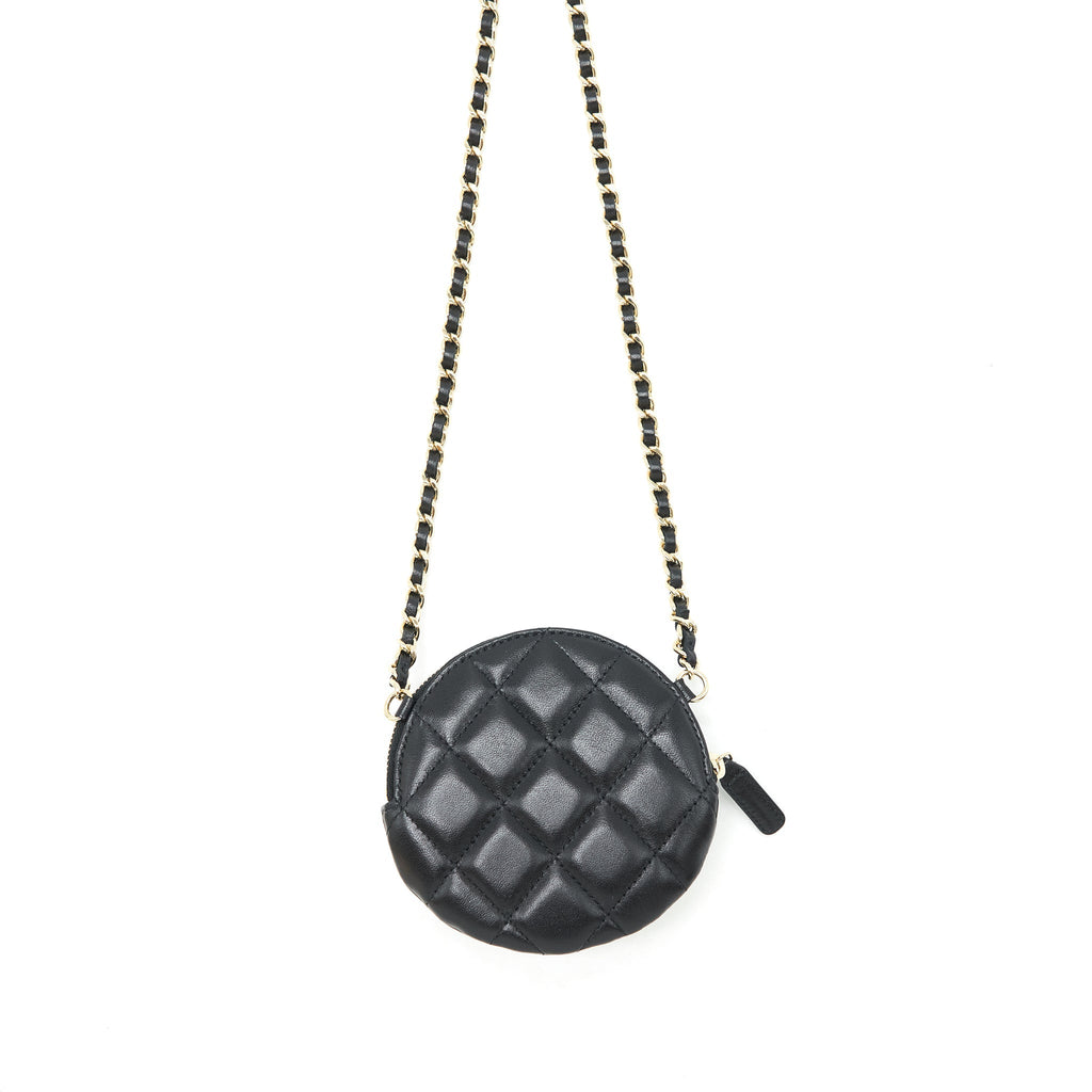 CHANEL MINI ROUND CAMELLIA ZIPPY WALLET WITH CHAIN LAMBSKIN BLACK GHW