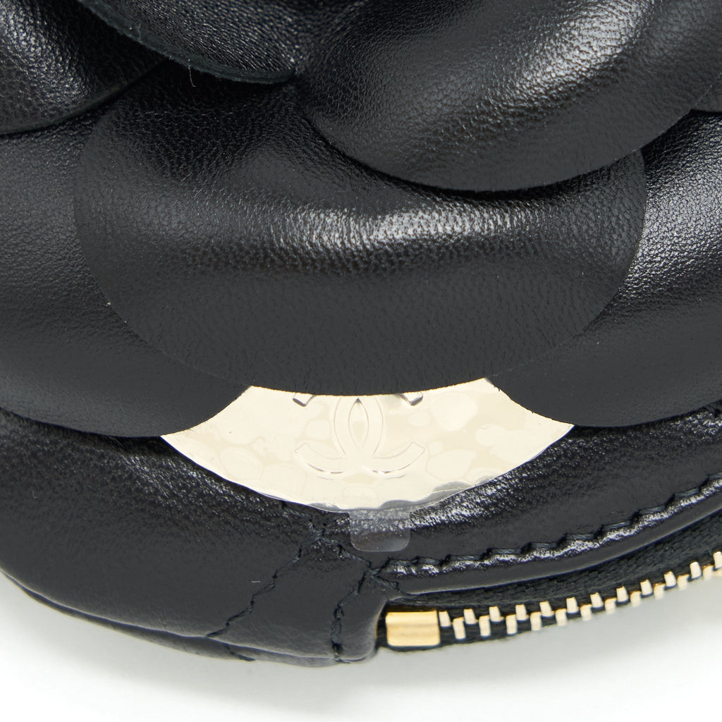 CHANEL MINI ROUND CAMELLIA ZIPPY WALLET WITH CHAIN LAMBSKIN BLACK GHW