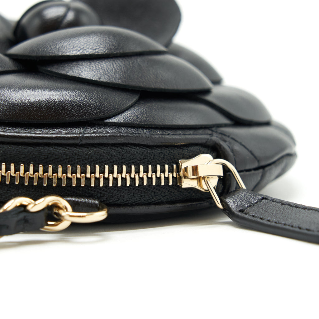 CHANEL MINI ROUND CAMELLIA ZIPPY WALLET WITH CHAIN LAMBSKIN BLACK GHW