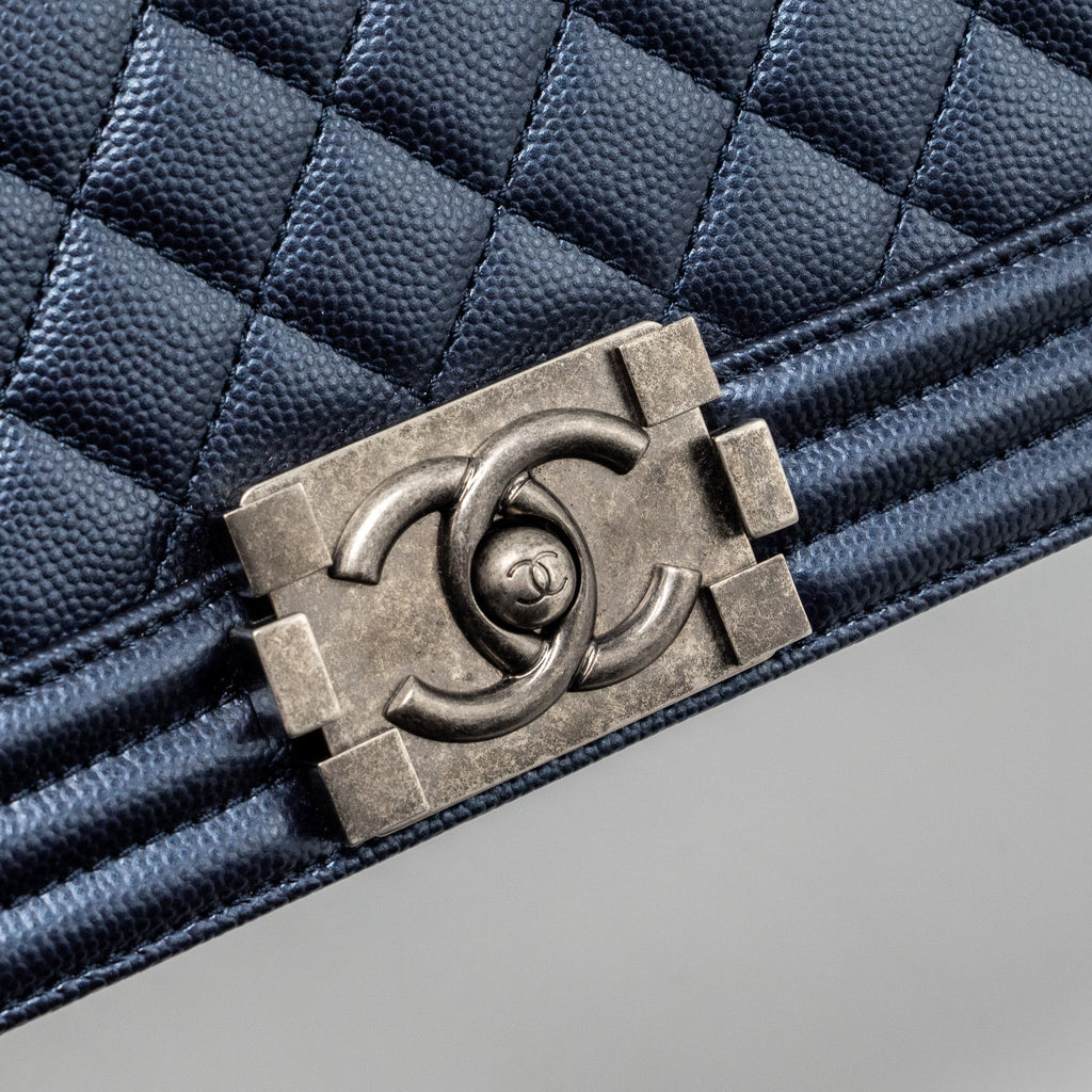 CHANEL MEDIUM BOY BAG CAVIAR METALLIC BLUE RUTHENIUM HARDWARE