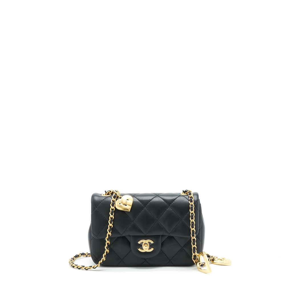 CHANEL SEASONAL MINI RECTANGULAR FLAP BAG HEART CHARM CHAIN LAMBSKIN BLACK GHW (MICROCHIP)
