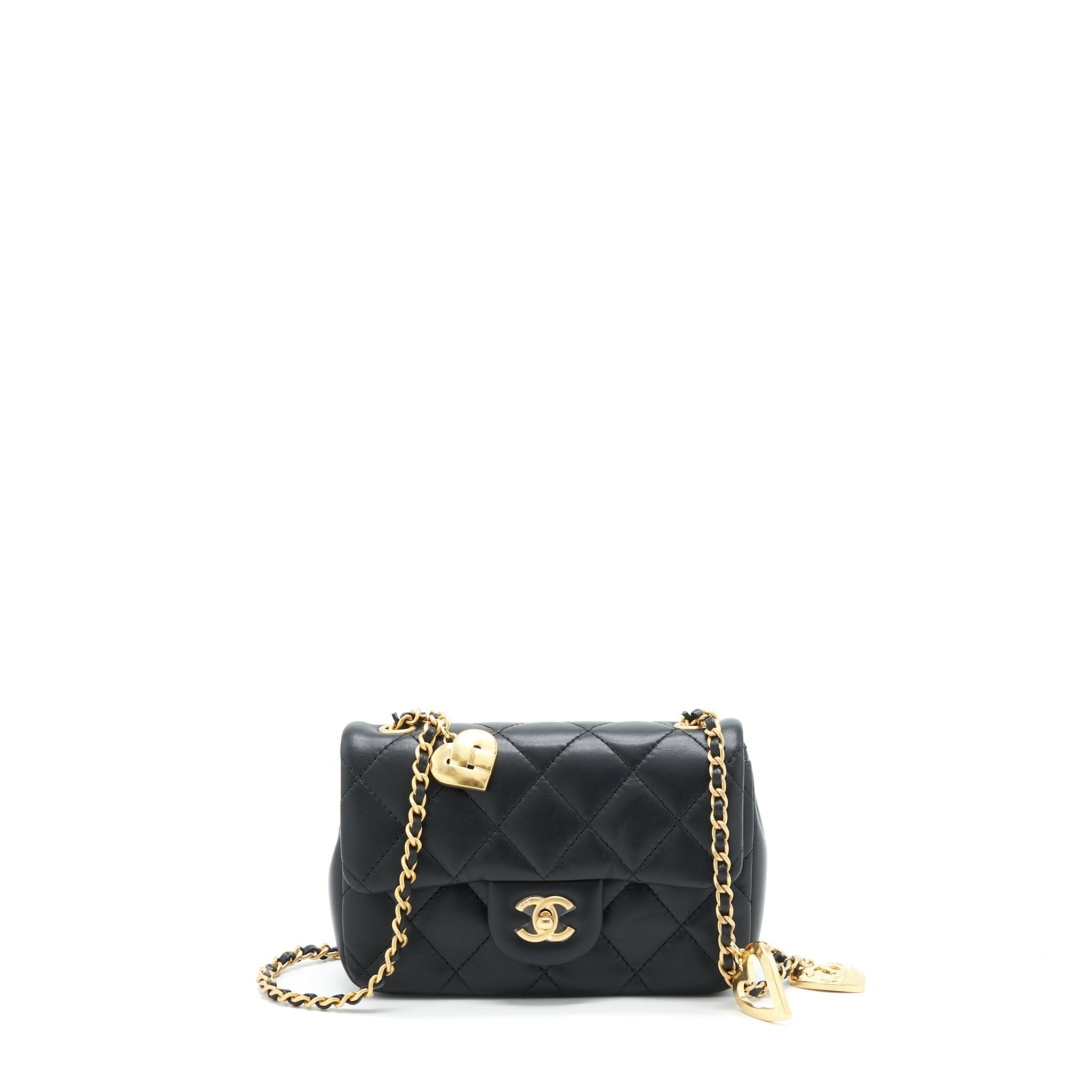 CHANEL SEASONAL MINI RECTANGULAR FLAP BAG HEART CHARM CHAIN LAMBSKIN BLACK GHW (MICROCHIP)