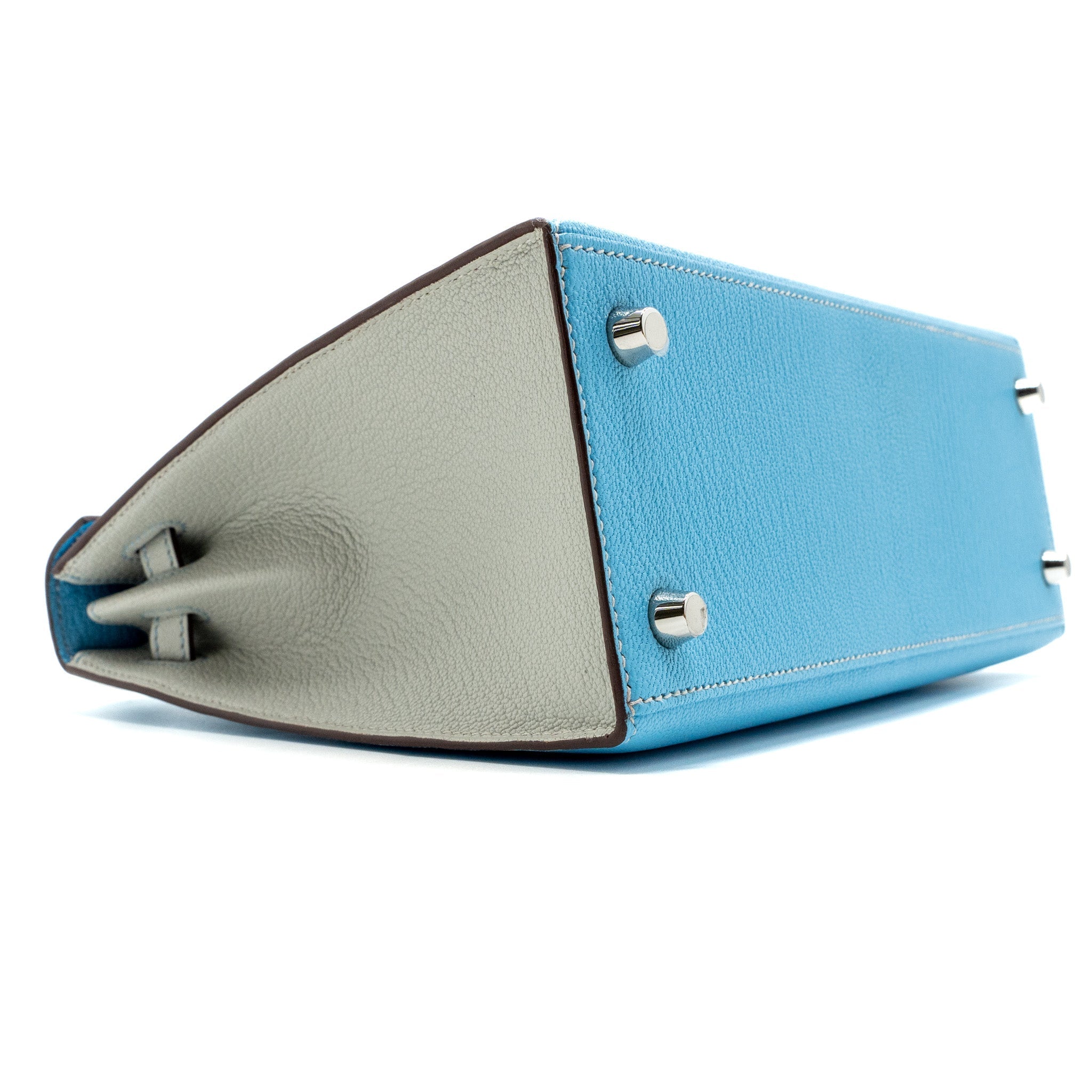 HERMES KELLY 25 SPECIAL ORDER CHÈVRE MYSORE BLUE CELESTE / GRIS PERLE BRUSHED SHW