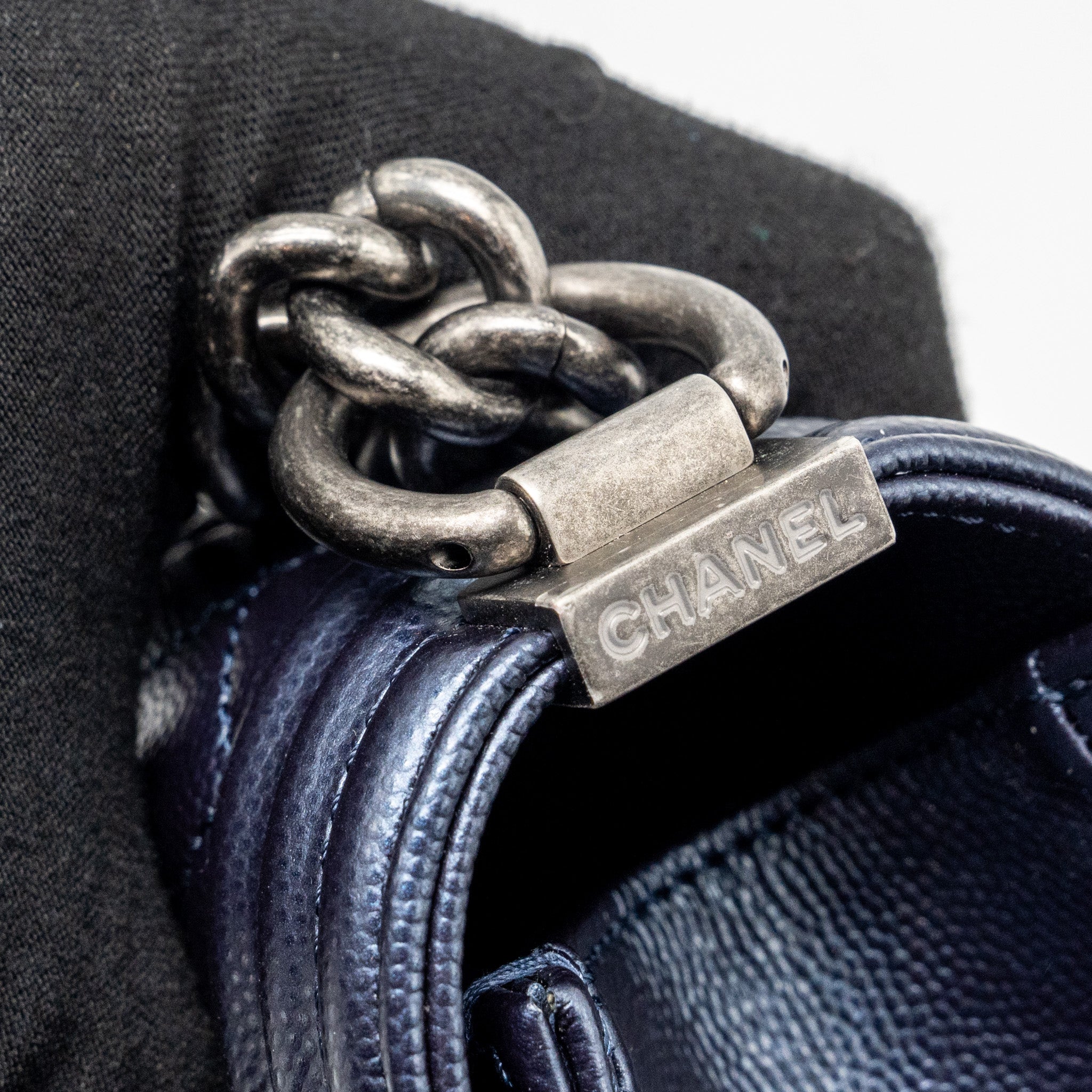 CHANEL MEDIUM BOY BAG CAVIAR METALLIC BLUE RUTHENIUM HARDWARE