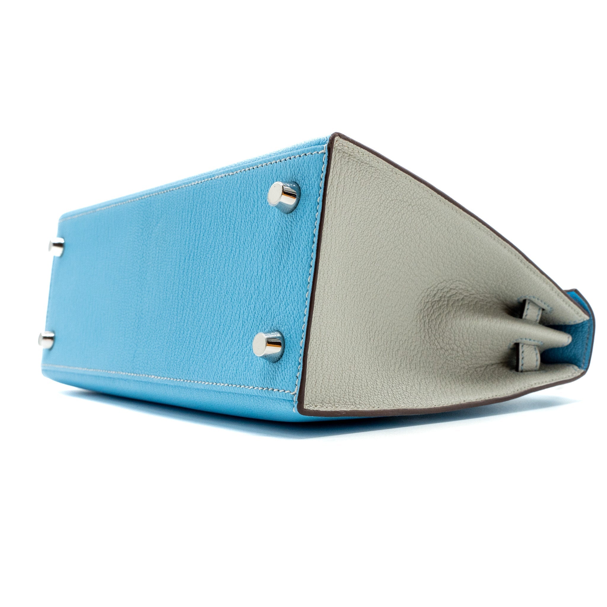 HERMES KELLY 25 SPECIAL ORDER CHÈVRE MYSORE BLUE CELESTE / GRIS PERLE BRUSHED SHW