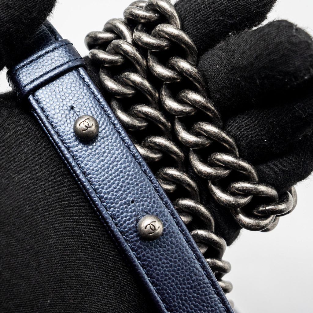 CHANEL MEDIUM BOY BAG CAVIAR METALLIC BLUE RUTHENIUM HARDWARE