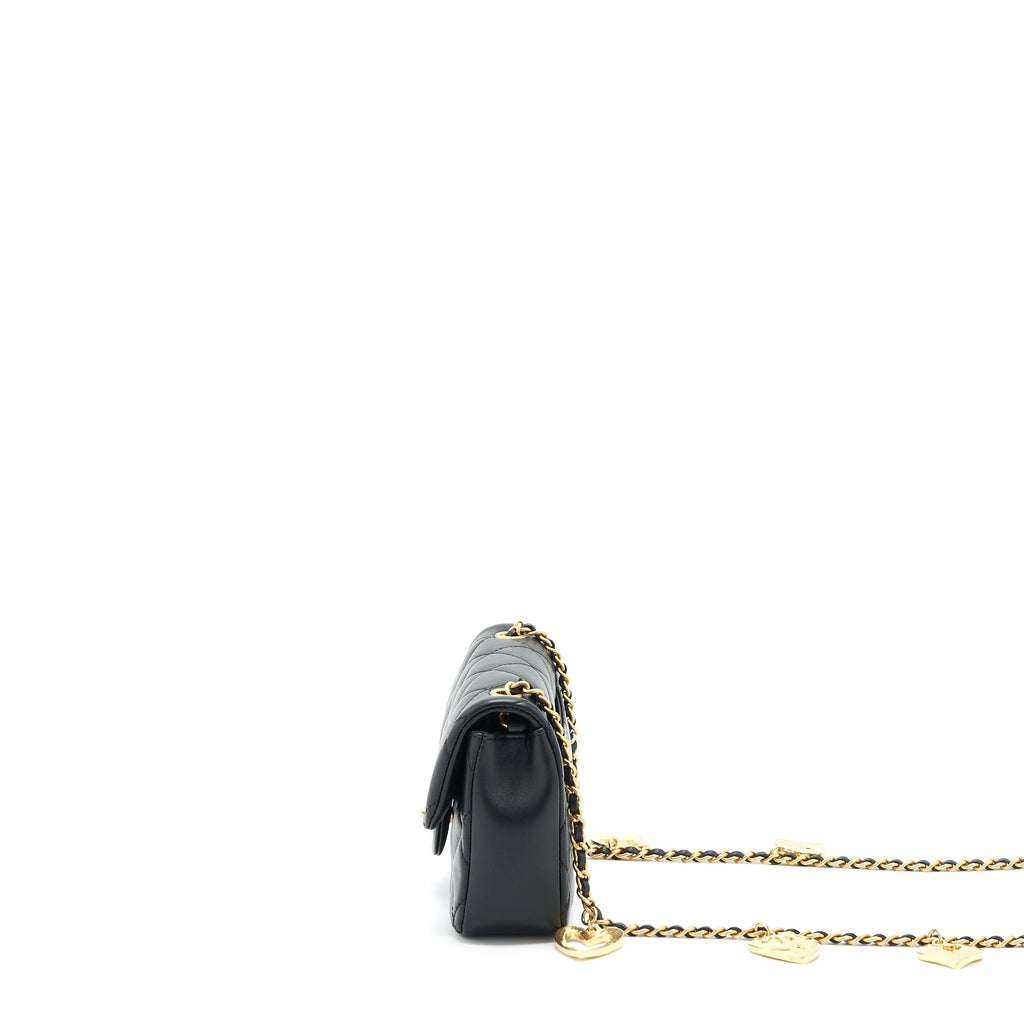 CHANEL SEASONAL MINI RECTANGULAR FLAP BAG HEART CHARM CHAIN LAMBSKIN BLACK GHW (MICROCHIP)
