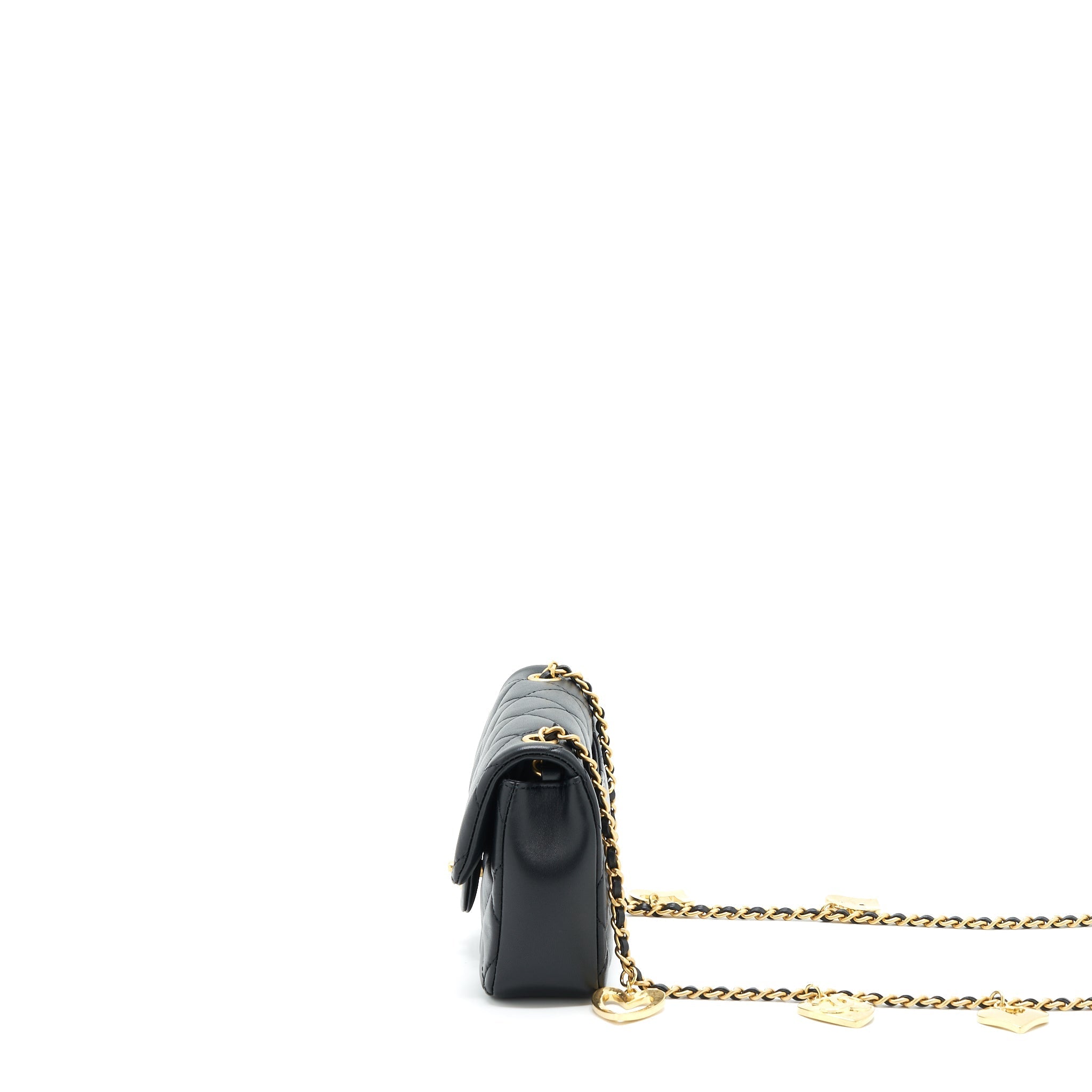 CHANEL SEASONAL MINI RECTANGULAR FLAP BAG HEART CHARM CHAIN LAMBSKIN BLACK GHW (MICROCHIP)