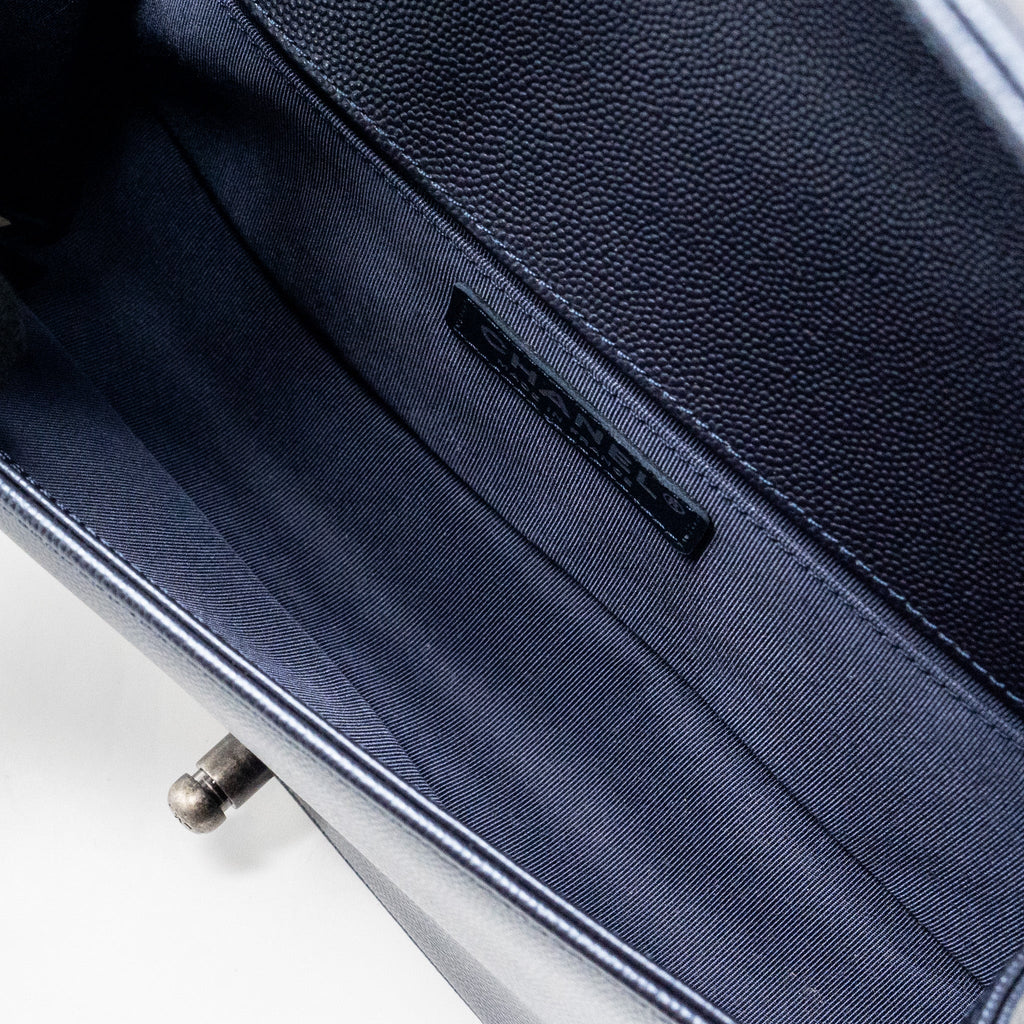 CHANEL MEDIUM BOY BAG CAVIAR METALLIC BLUE RUTHENIUM HARDWARE