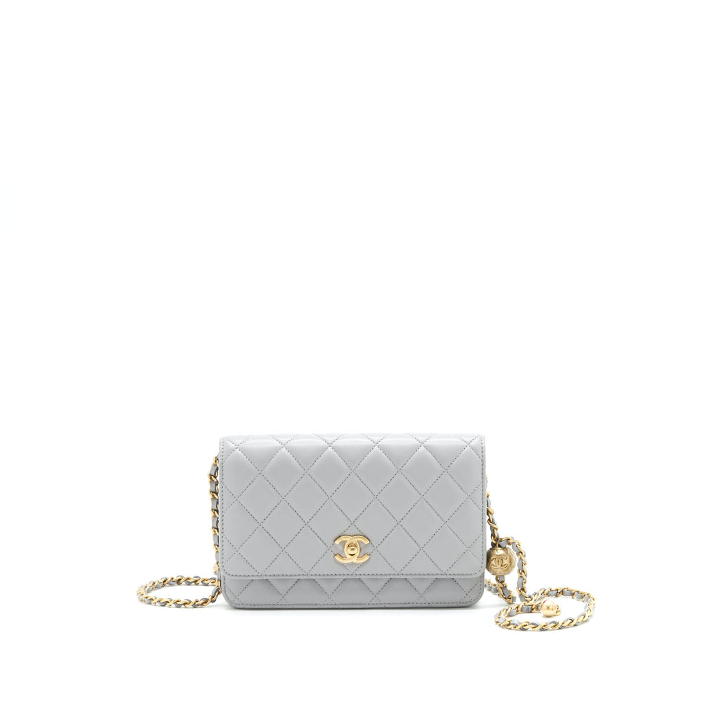 CHANEL PEARL CRUSH WALLET ON CHAIN LAMBSKIN GREY GHW (MICROCHIP)