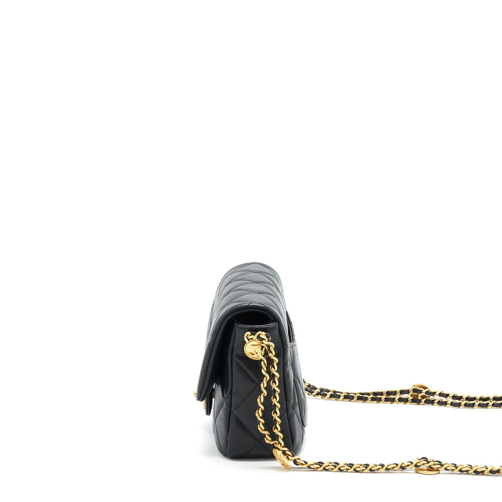 CHANEL 22A SMALL FLAP BAG WITH BUTTON ON CHAINS CAVIAR BLACK BRUSHED GHW