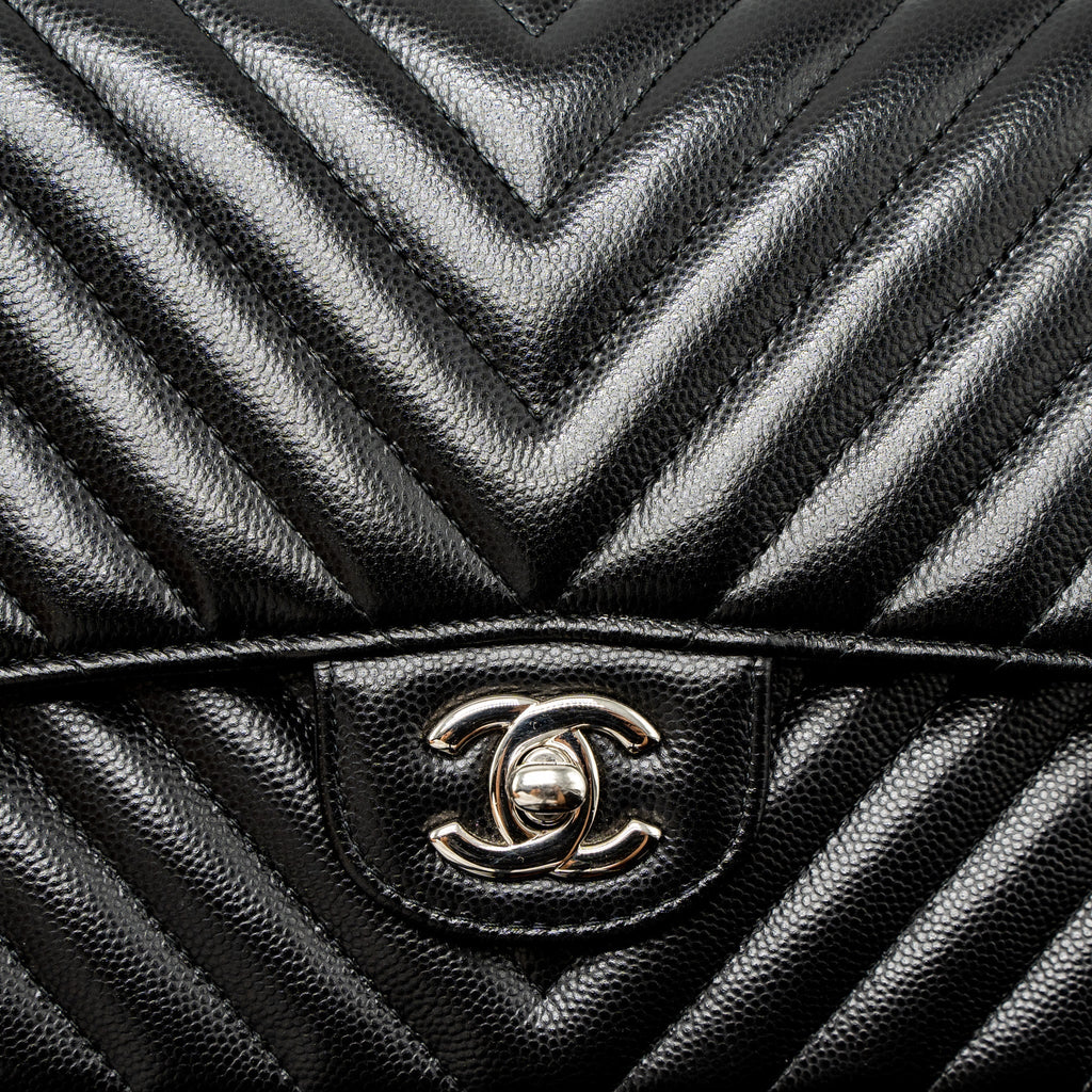 CHANEL MEDIUM CLASSIC DOUBLE FLAP BAG CHEVRON CAVIAR BLACK SHW