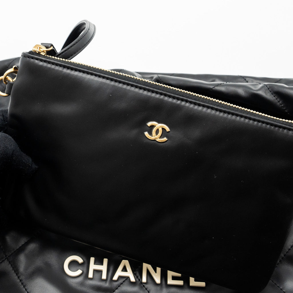CHANEL SMALL 22 BAG CALFSKIN BLACK / WHITE LETTER GHW (MICROCHIP)