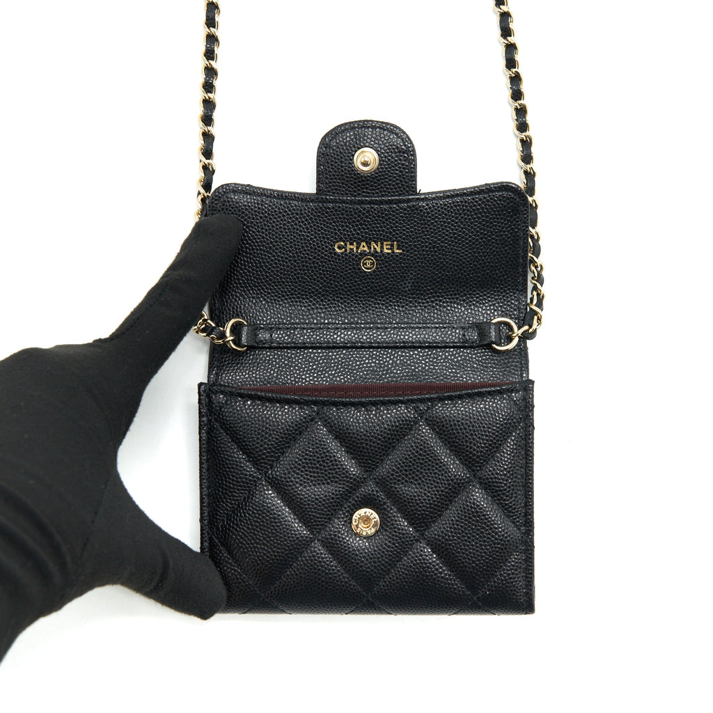 CHANEL CLASSIC CARD HOLDER WITH CHAIN CAVIAR BLACK LGHW