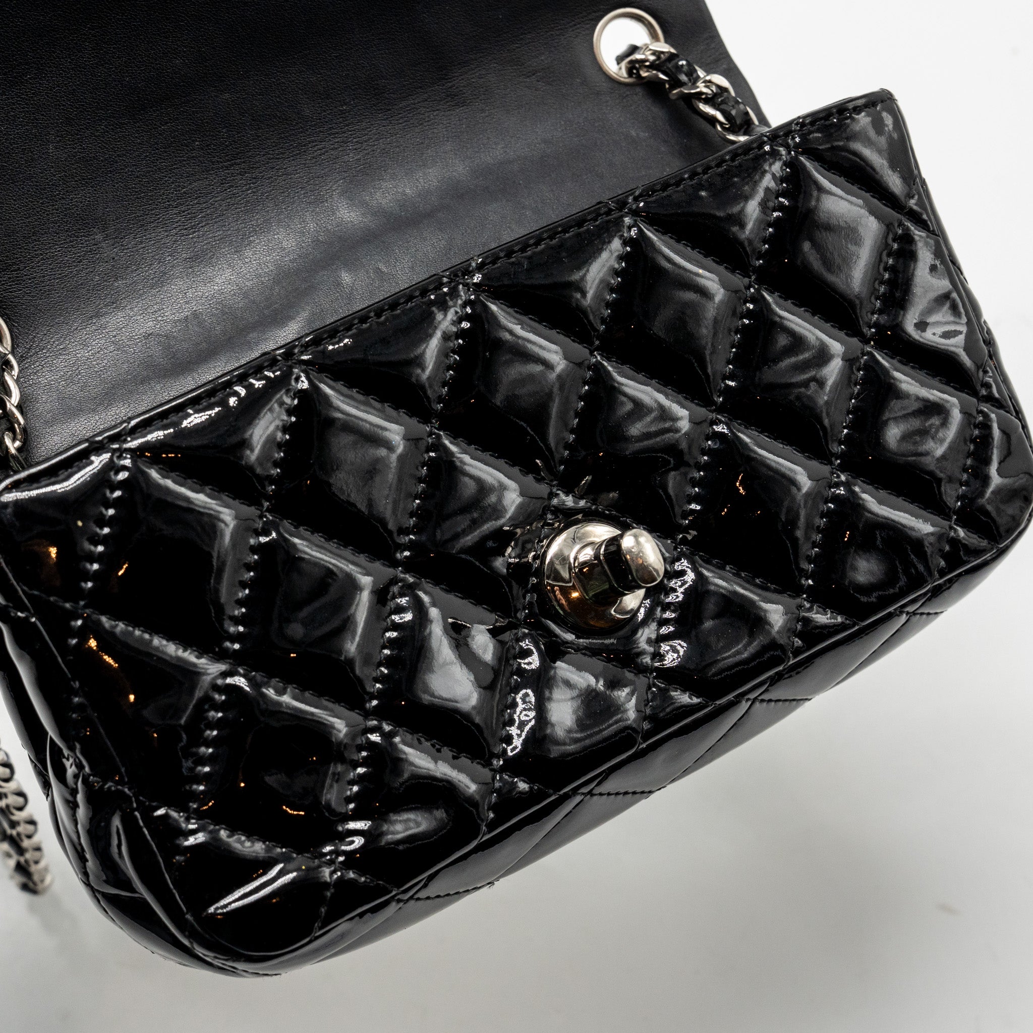 CHANEL CC MINI FLAP BAG PATENT BLACK SHW