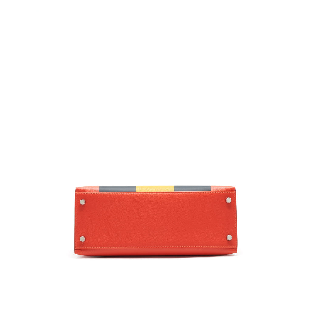 HERMES KELLY LETTER M BAG SELLIER 28 EPSOM/ SOMBRERO/ MYSORE IN CAPUCINE/ BLEU OBSCUR/ AMBRE