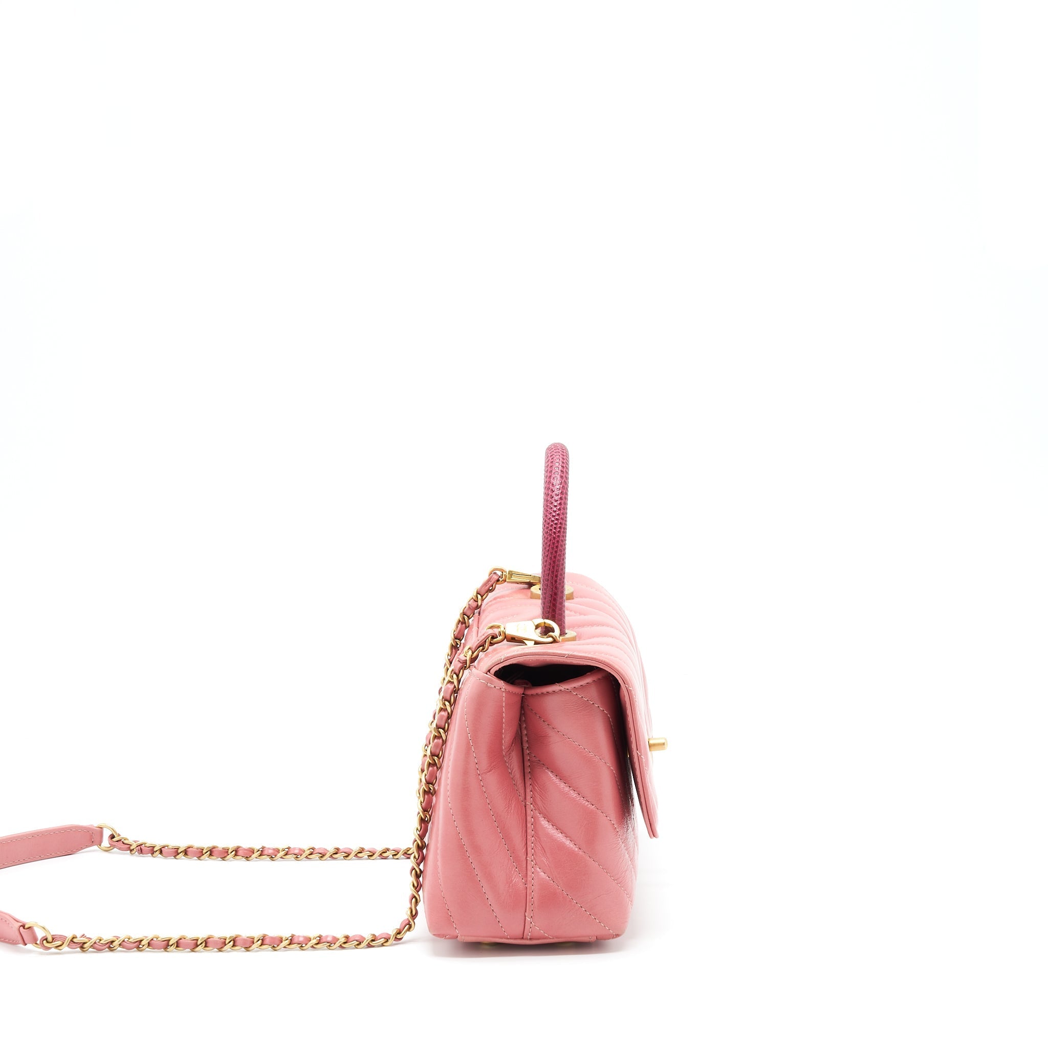 CHANEL SMALL COCO HANDLE CHEVRON CALFSKIN WITH LIZARD HANDLE PINK GHW