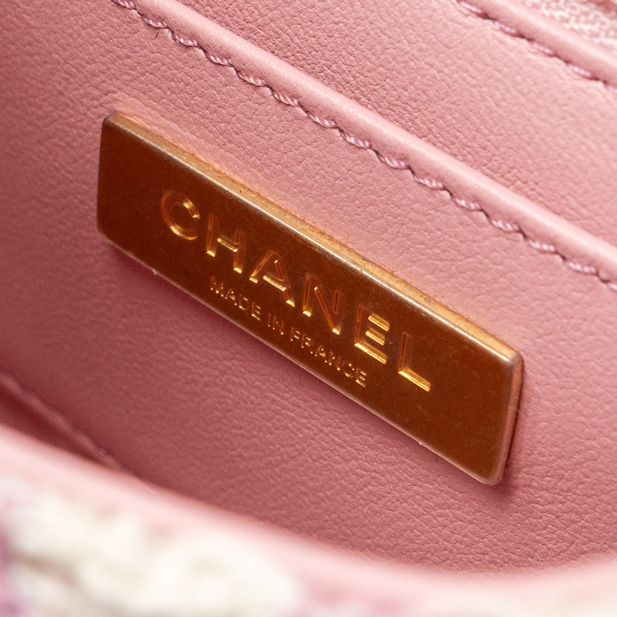 CHANEL TOP HANDLE VANITY BAG WITH CHAIN TWEED PINK GHW (MICROCHIP)